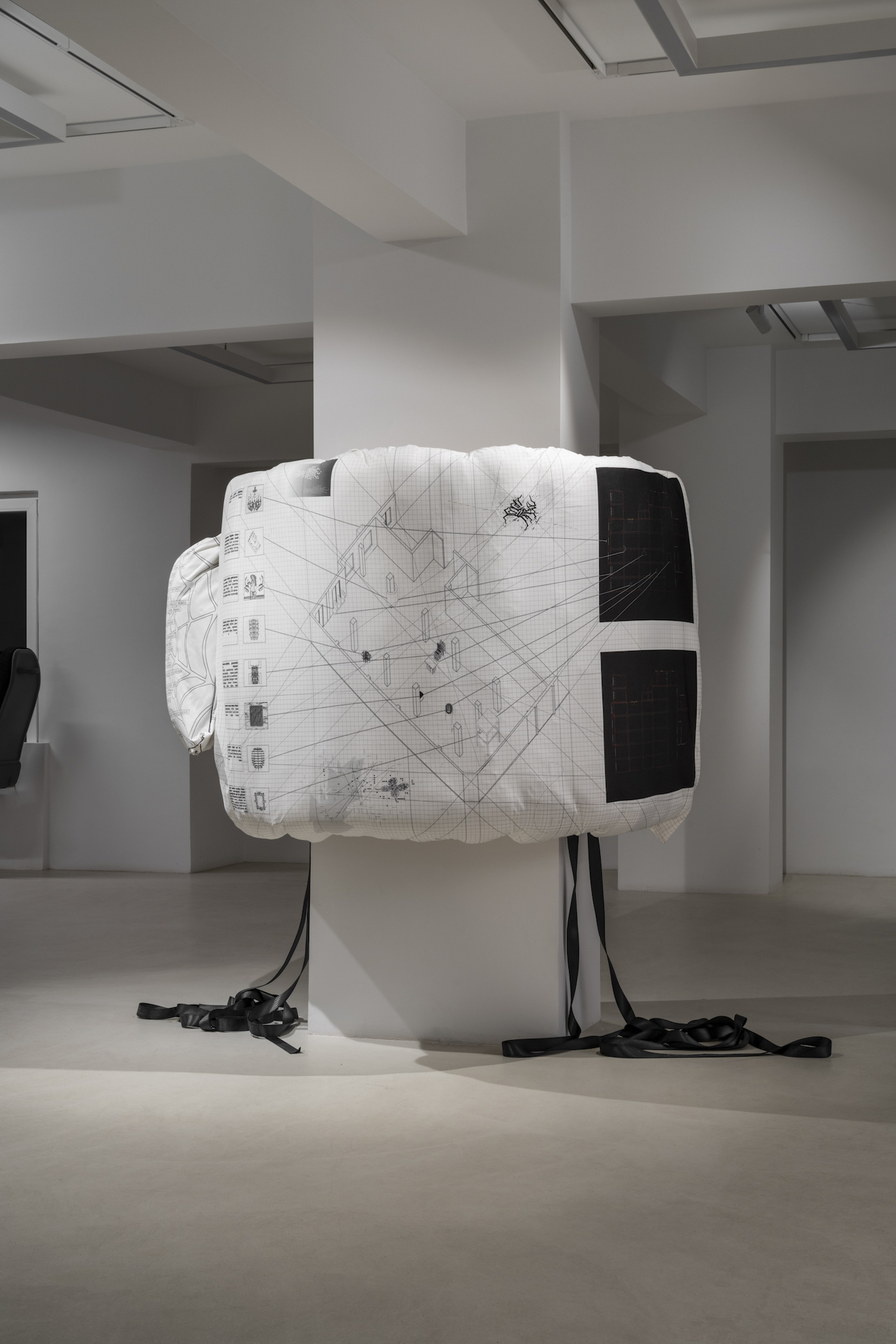 extra information (transcendental bed meditation), 2024, plywood, stainless steel tube, foam, lyc diving fabric, pillow, quilt, digital printing
