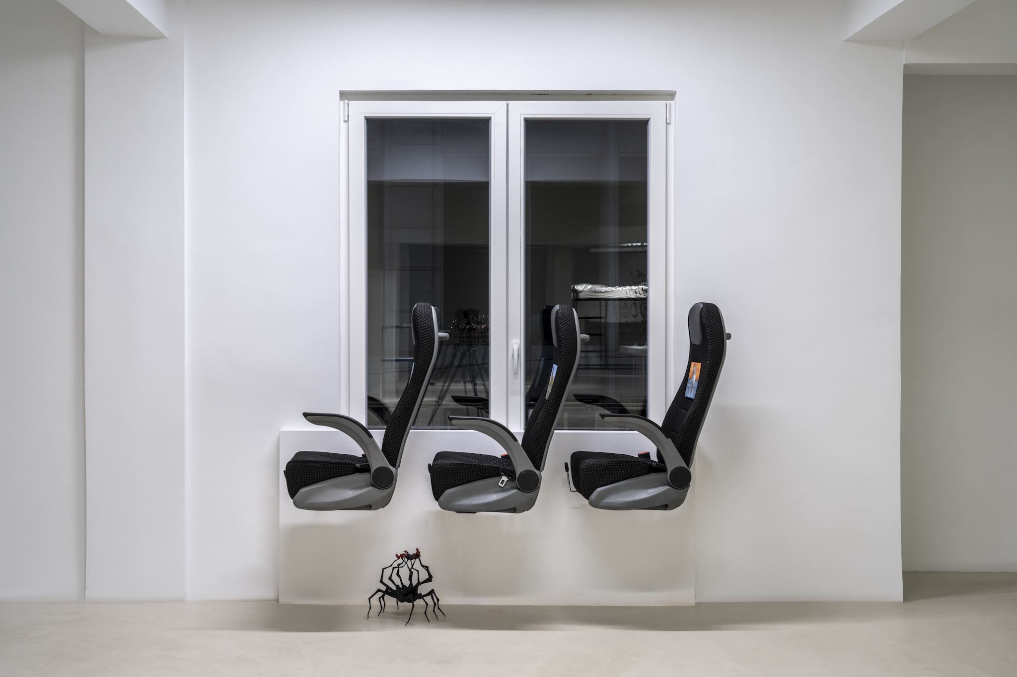 hope we’re not there yet, 2024, bus seats, oil painting on canvas, 3d print spider (pla), 22-year-old spiderman toy