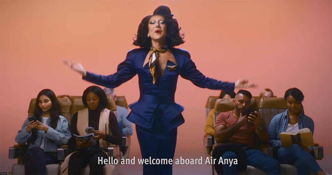 Dr. Barry & Ms. Hyde, Still from #SecureOurSocials: Now Boarding Air Anya Flight to LGBT Safety Online, 2024, Video loop (1:10”, with sound), Credits: Human Rights Watch, in partnership with Damj Ass., Helem, HRW, INSM F. for Digital Rights, SMEX