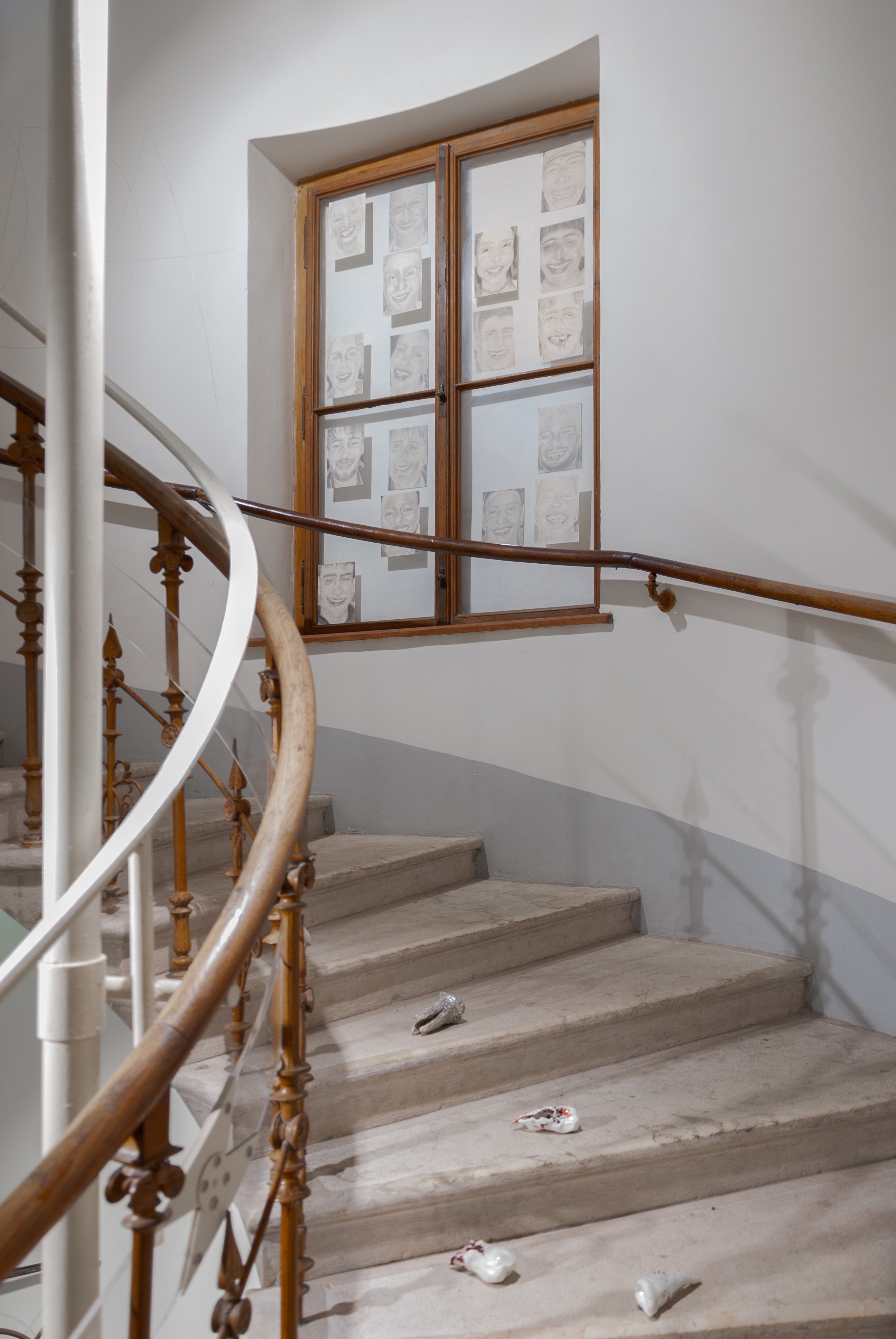 Thyra Wanwi, smile nr. 1,2,3,4,6,7,8,9,11,15,16,17,18,19,20,21,22, 2024-2025, 14.8 x 21 cm, Pencil on paper; Margo Merkulova, Milk teeth, 2025, Glazed porcelain