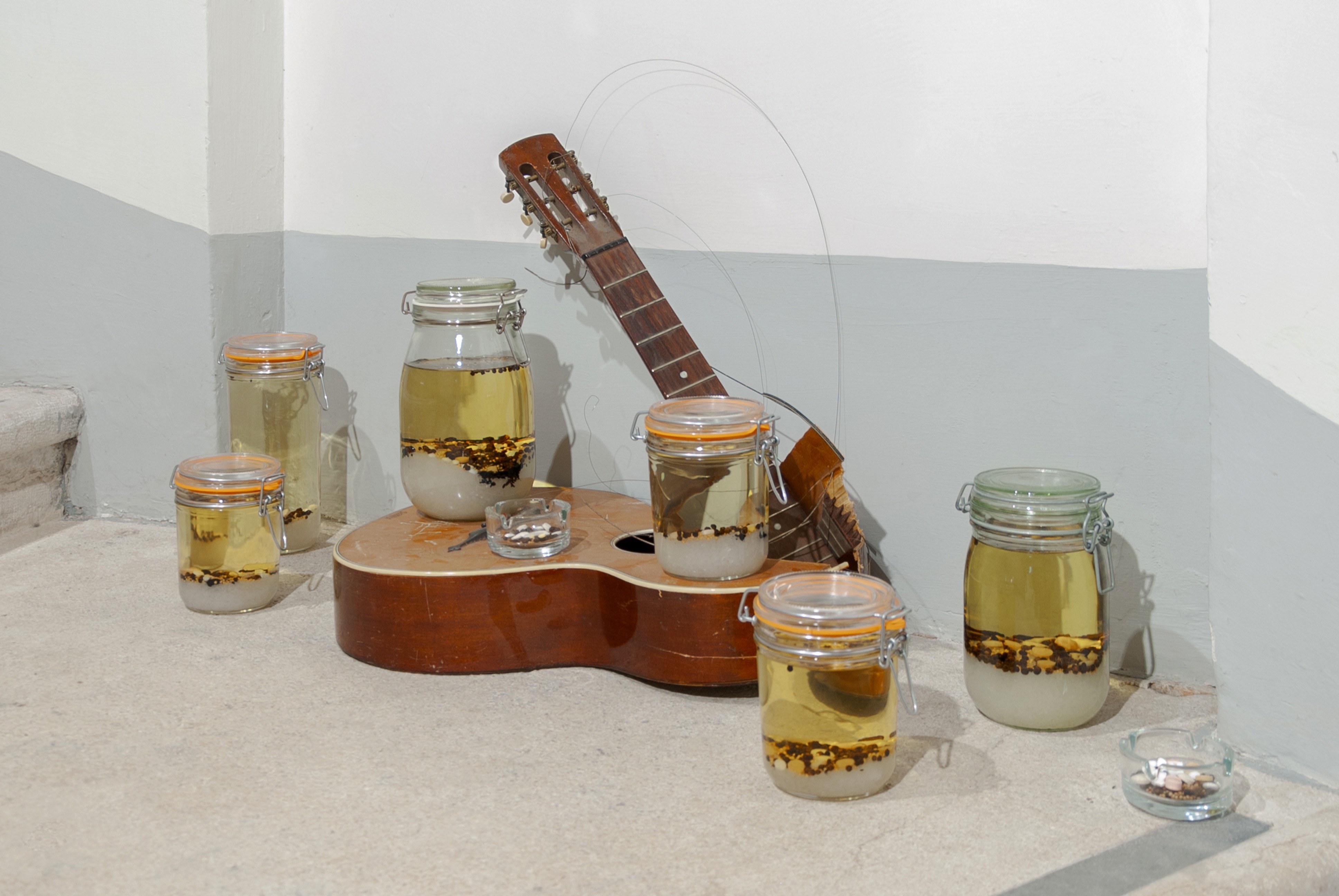 Joakim Hyldebrandt, Untitled (decadence), 2025, Guitar, glass jar, pill, salt, peppercorn, mustardcorn, oil, string, nail, ashtrey, Size variable