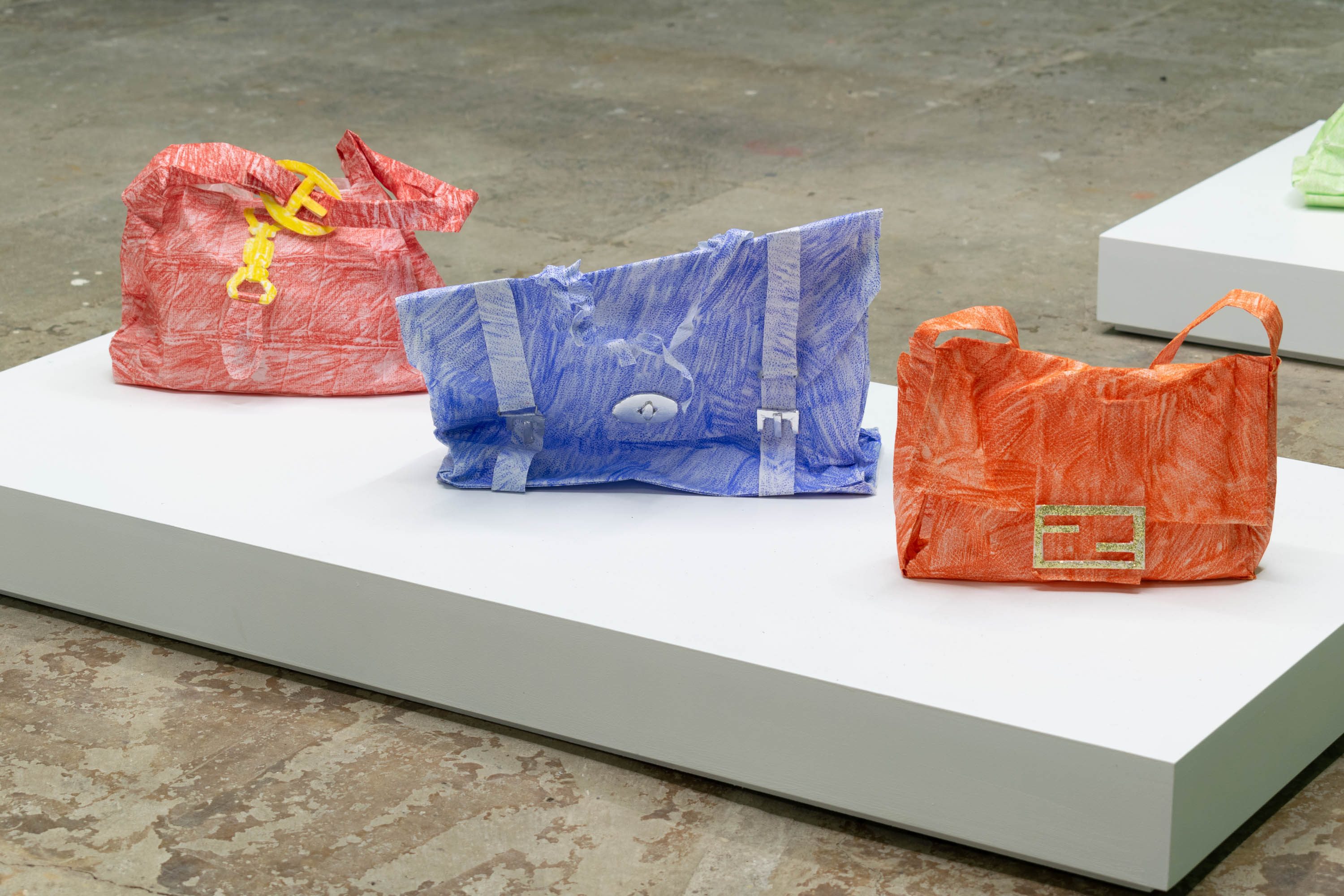 L-R Fendi, Mulberry Alexa, Gucci – Cecilia Sargent, Wax pastel on Chinese rice paper, dimensions variable, 2024