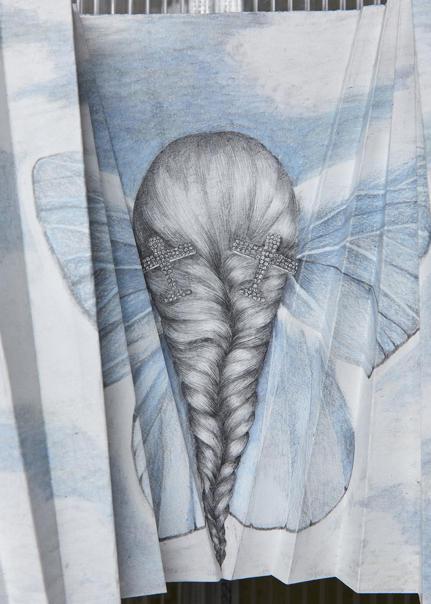 Fall of the Rebel Angel (Fergie hits the sky), 2025. Graphite, coloured pencil, paper, wood support. 40 x 50 x 20cm