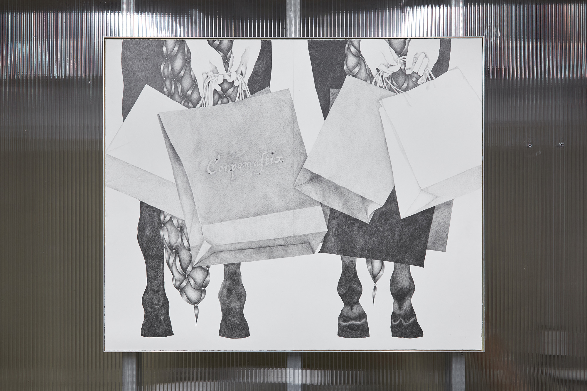 The Corpomastix, 2025. Graphite, paper, metal frame. 78.1 x 94.3 x 2cm