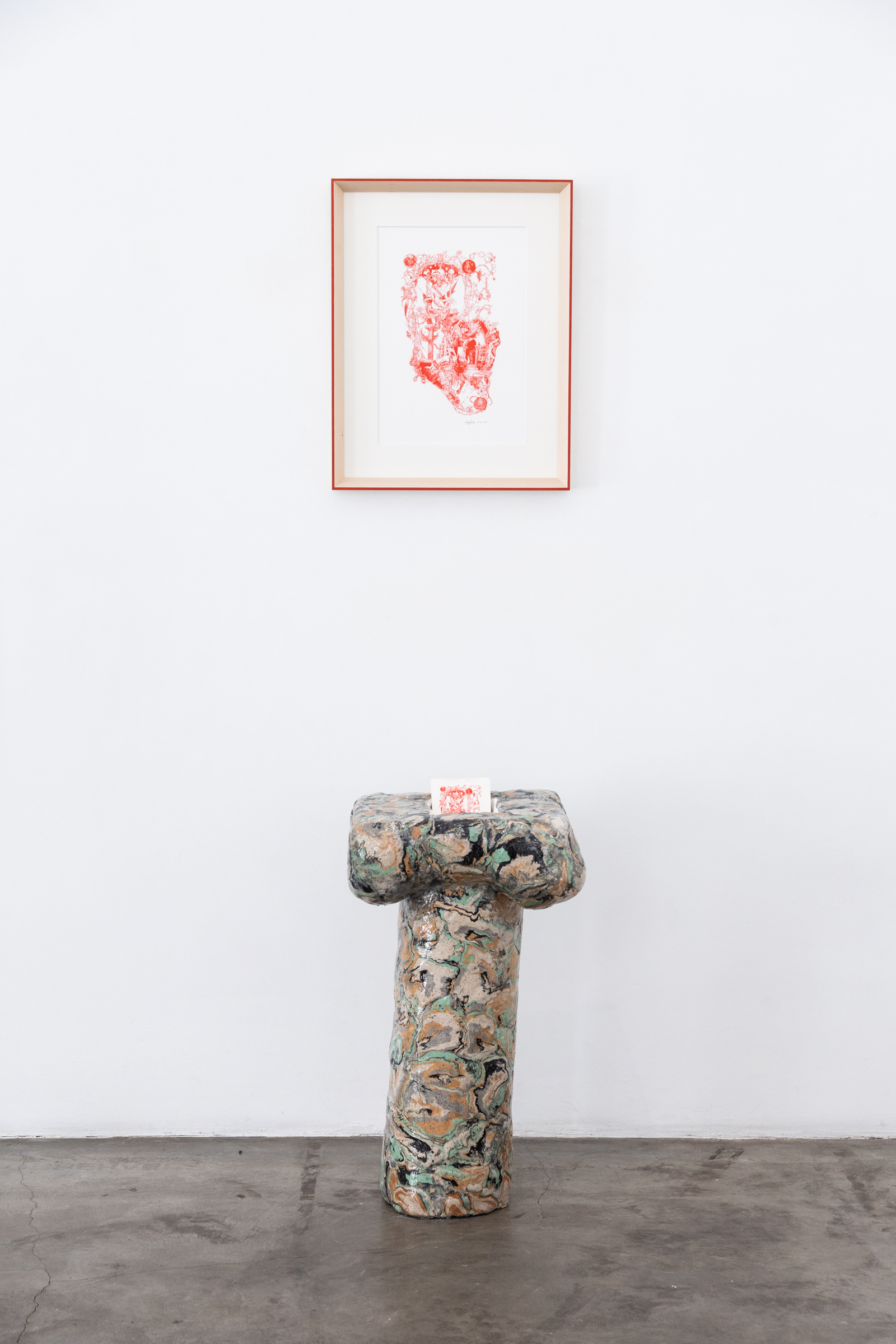 Column. Scagliola, mixed media. .4 x .4 x .7 m 2025 / The House of Asterion. Framed risograph print (Edition 1 of 20) .45 x .58 x .05 m 2025. Photo: Jane Treima