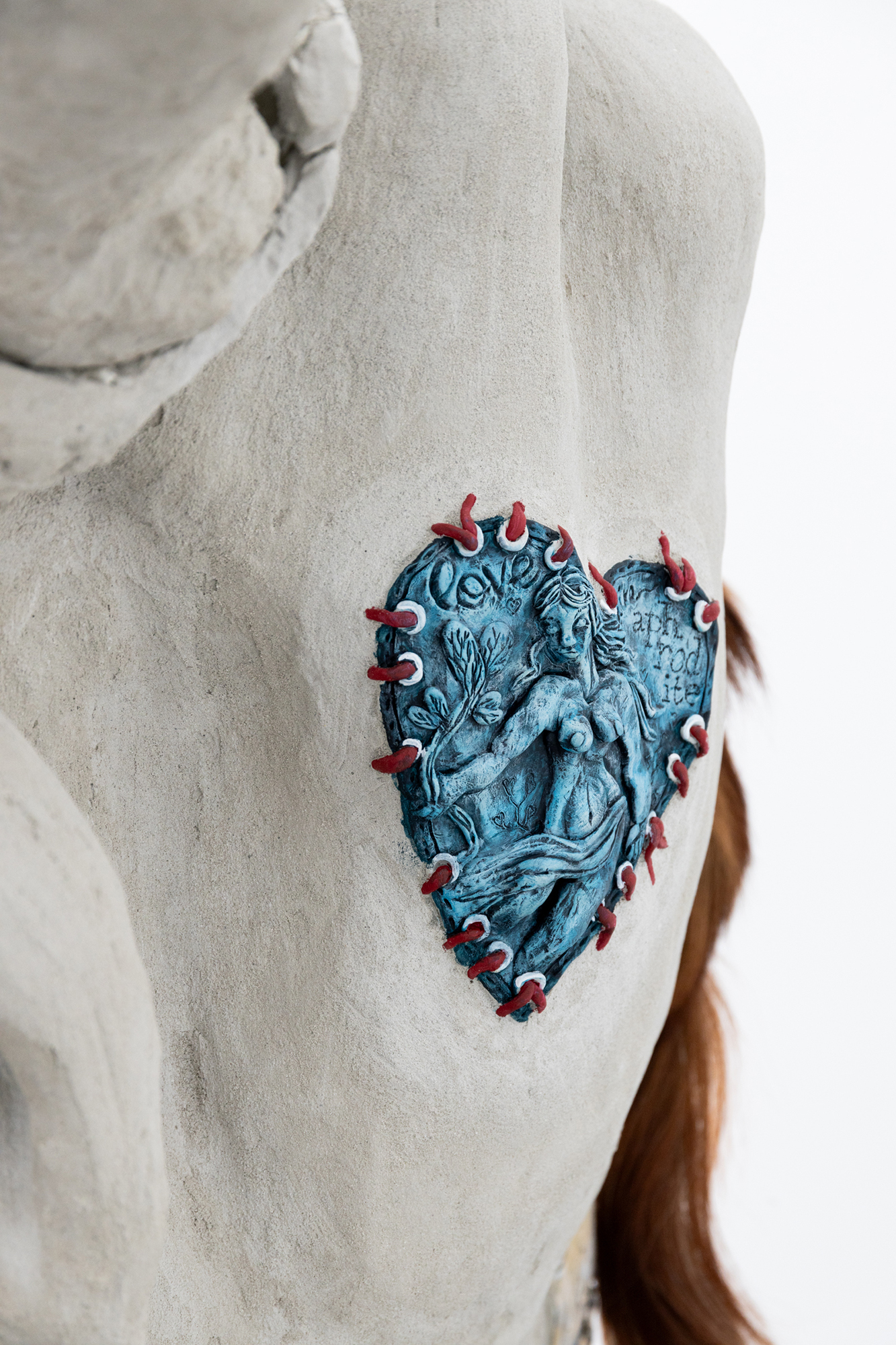 Pasiphaë, Queen of the Rodeo. Plaster, wood, approximately 2000 Prisma receipts, acrylic, tanned cow tail. 1.4 x .85 x 1.7 m 2025. Photo: Jane Treima