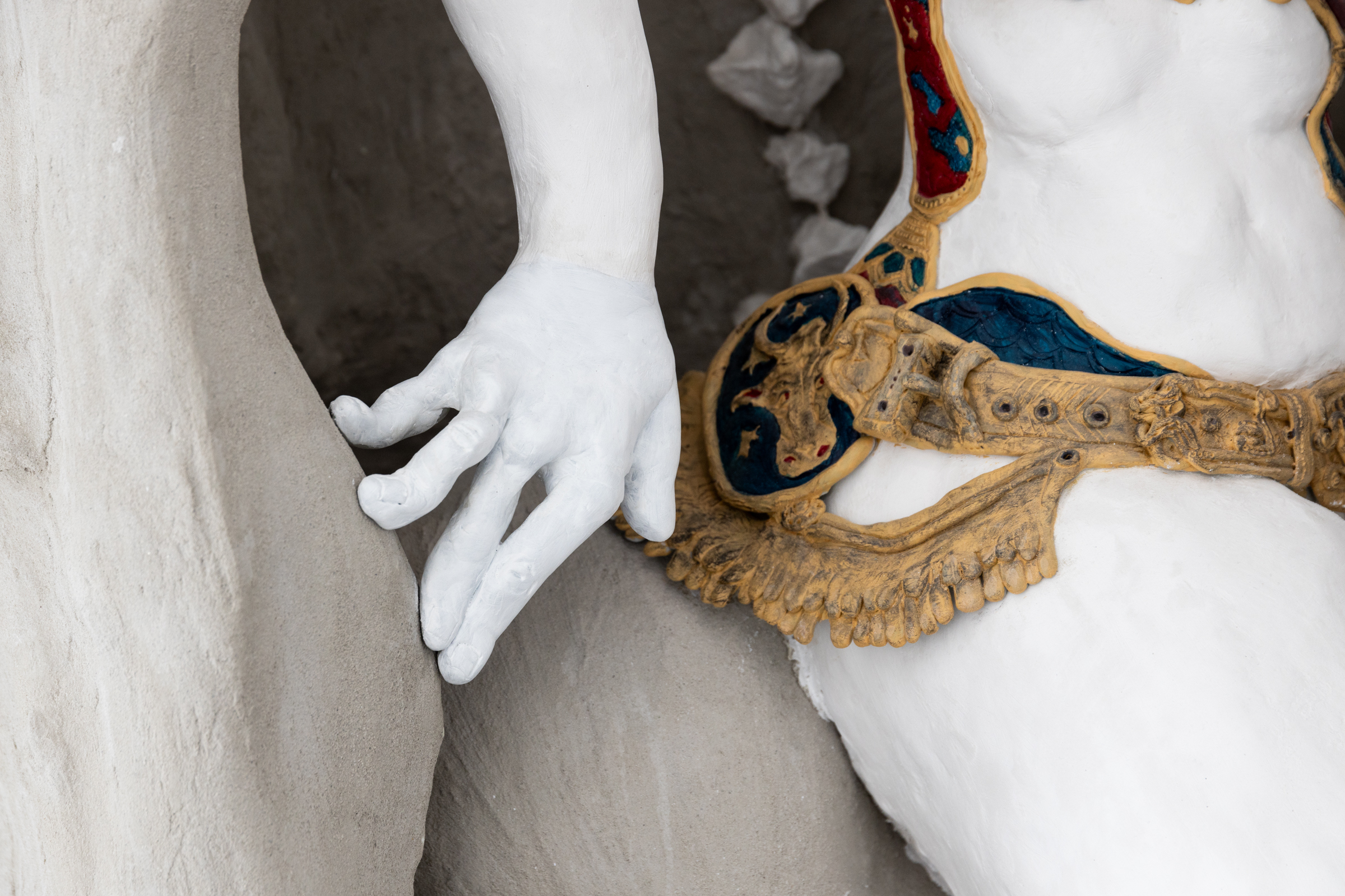 Pasiphaë, Queen of the Rodeo. Plaster, wood, approximately 2000 Prisma receipts, acrylic, tanned cow tail. 1.4 x .85 x 1.7 m 2025. Photo: Jane Treima