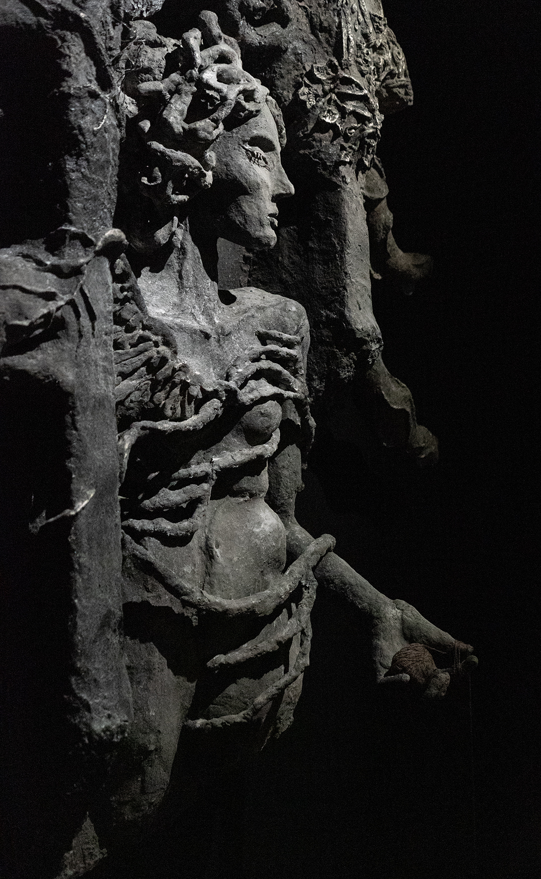 Ariadne, or the Hanged Nymph. Plaster, fiberglass, ceramic, wood, cement, paper clay, acrylic, gilding wax, thread 1.4 x .4 x 2.3 m 2025. Photo: Anna Mari Liivrand