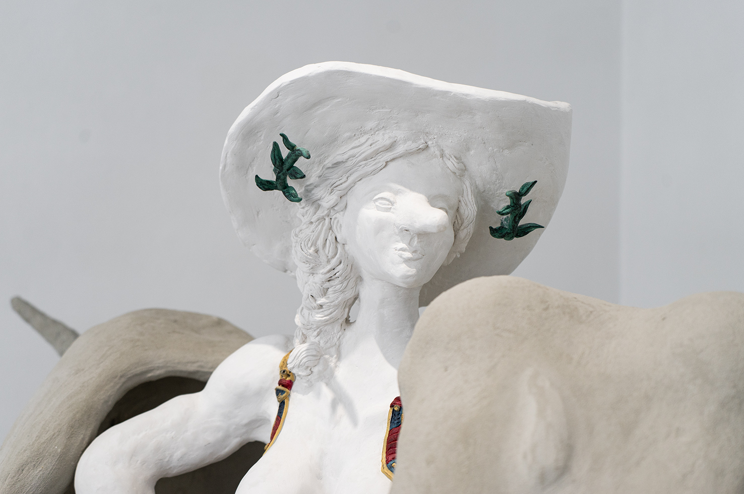 Pasiphaë, Queen of the Rodeo. Plaster, wood, approximately 2000 Prisma receipts, acrylic, tanned cow tail. 1.4 x .85 x 1.7 m 2025. Photo: Anna Mari Liivrand
