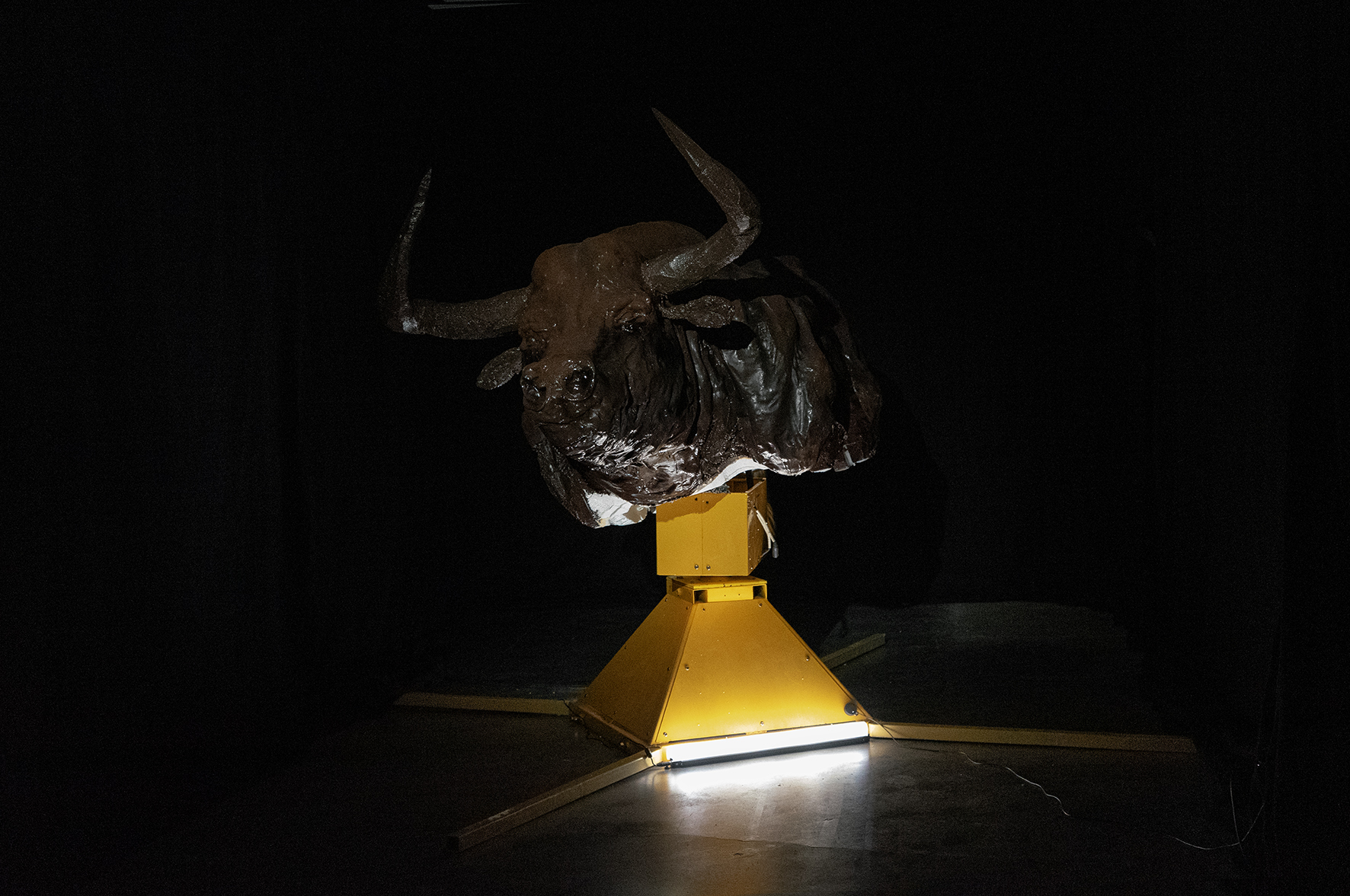 Mechanical bull. Motor, steel, styrofoam, wood, epoxy resin, fiberglass, acrylic & spray paint. 2.7 x 2.7 x 1.6 m 2025: Photo: Anna Mari Liivrand