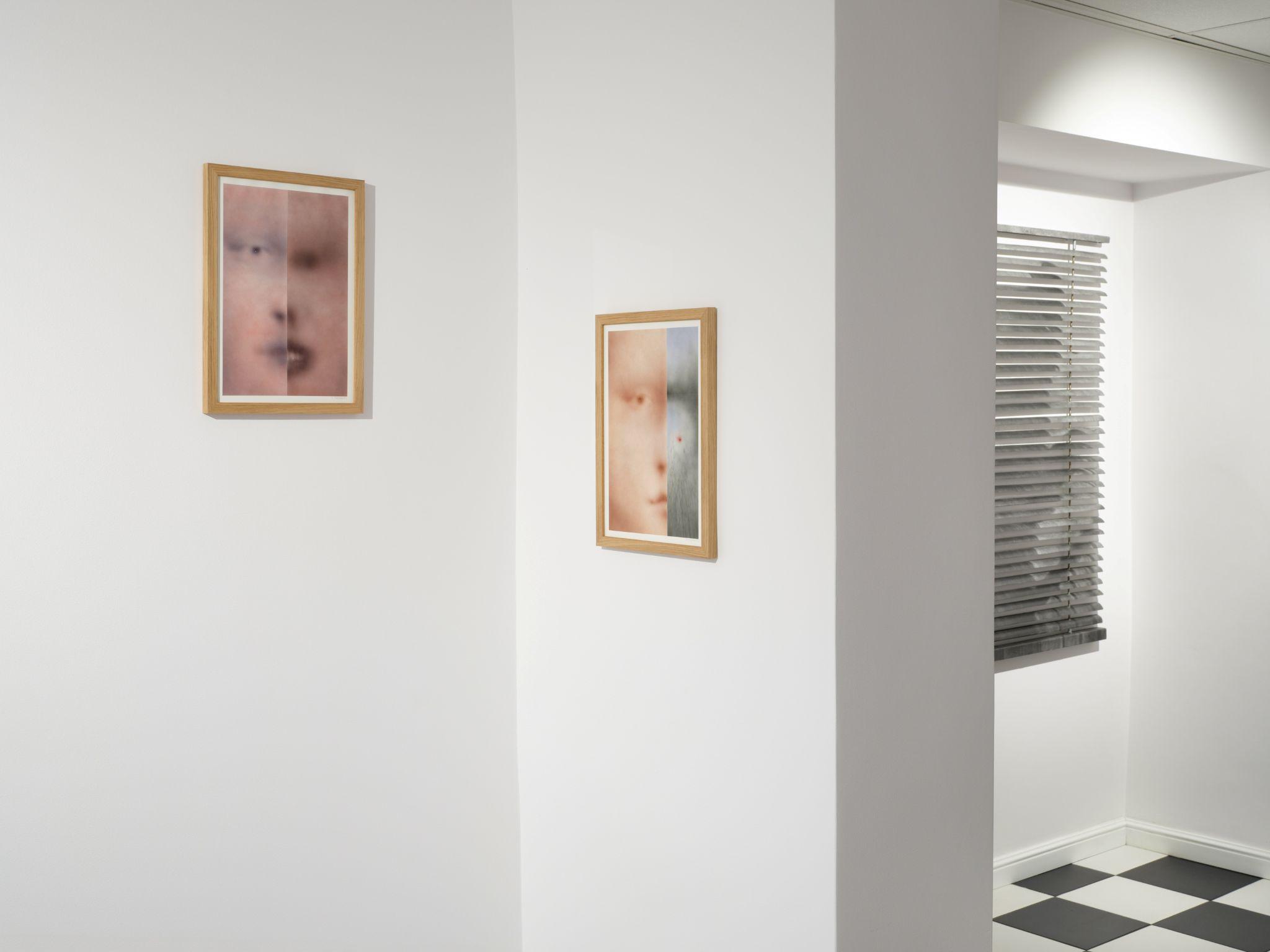 View of the exhibition: Jędrzej Bieńko, „Untitled”, acrylic on paper, Jędrzej Bieńko, „Untitled”, acrylic on paper, Kinga Dobosz, “Reason I can’t sleep” #1088", stainless steel, pencil on paper