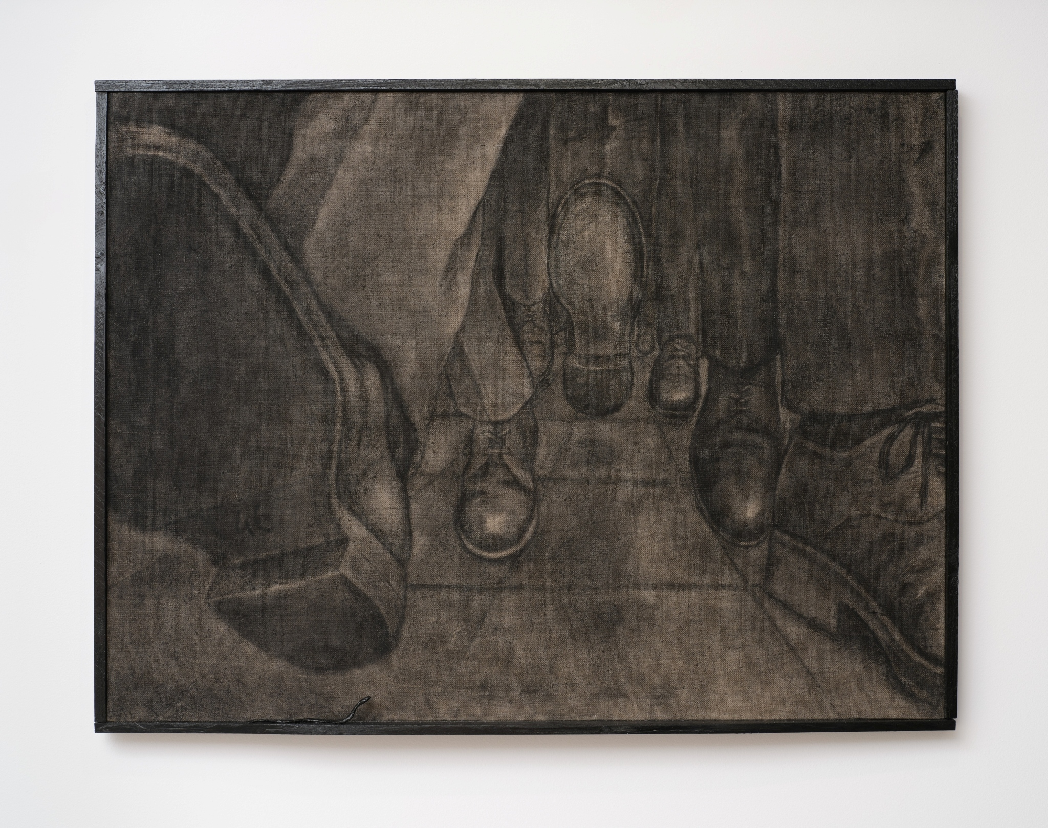 Agata Popik, “Don’t tread on me”, 2025, charcoal on cotton, wood stain, wooden frame, clay, 62 x 82 cm