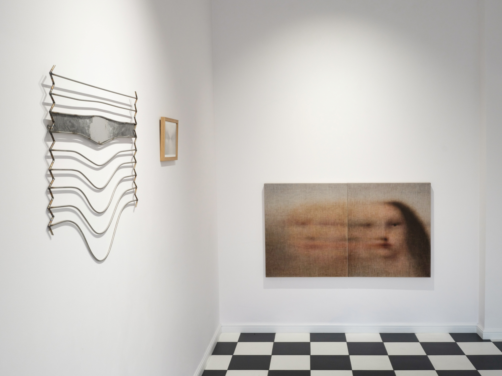 Kinga Dobosz, „When an Unstoppable Force Meets a Sensitive Object”, stainless steel , Jędrzej Bieńko, „Untitled”, acrylic on paper, Jędrzej Bieńko, „Untitled”, acrylic on canvas