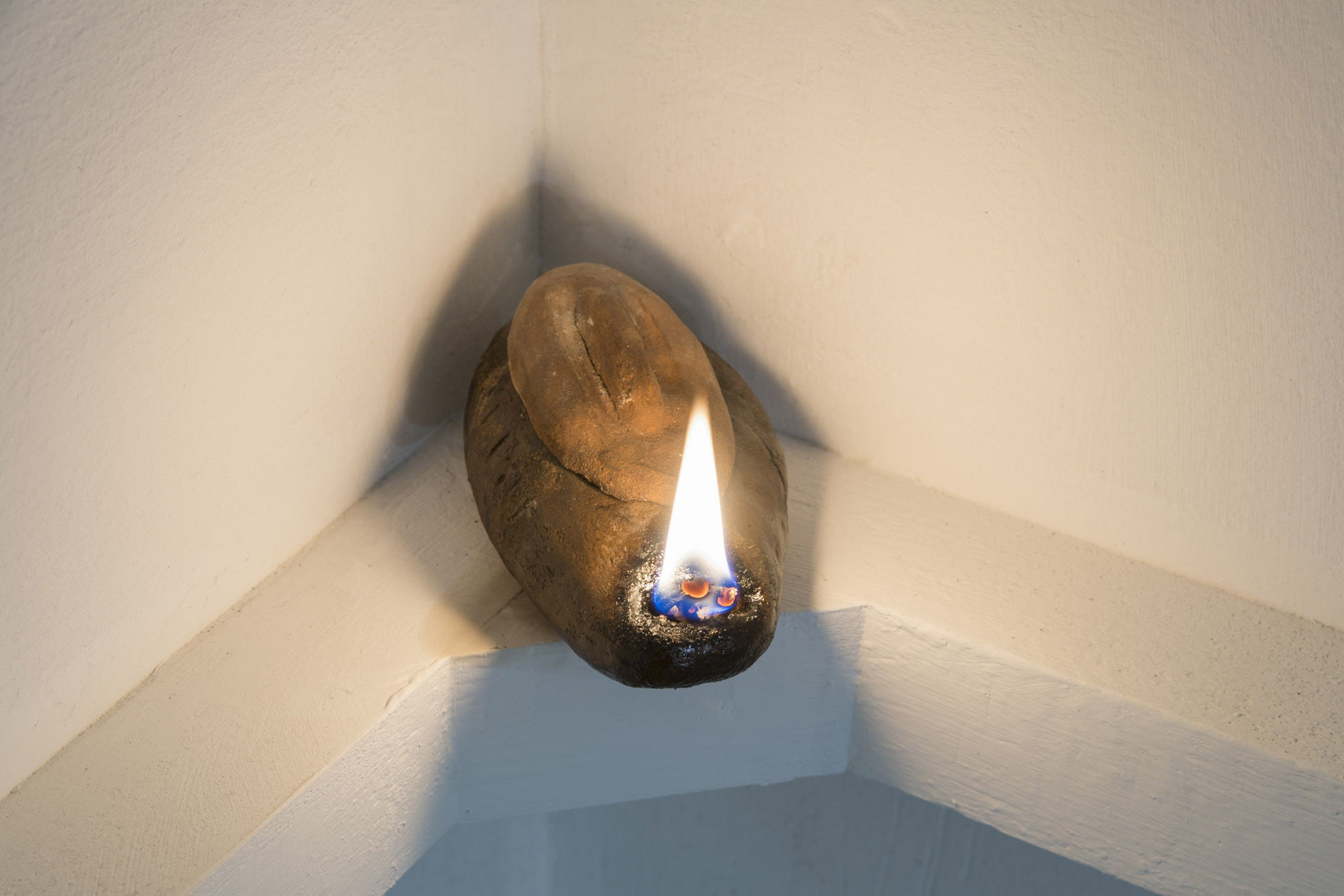 Clovis Maillet with Ilare, Hunter Longe, Andrea Mauti, Desideri per le morte, 2025. Soil from the Caffarella Park, sand from Ostia, water from Loire River, holy water, olive oil infused with fennel seeds, ashes. Dimensions variable.