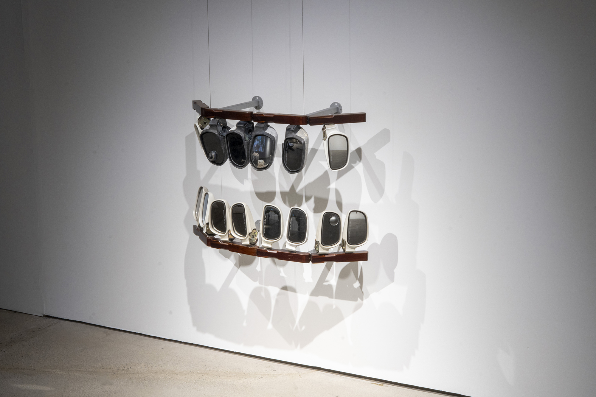 Kay Yoon, Nightmare A Mouth Is A House (part 1), 2024, side mirrors, gyoja table legs, stainless steel