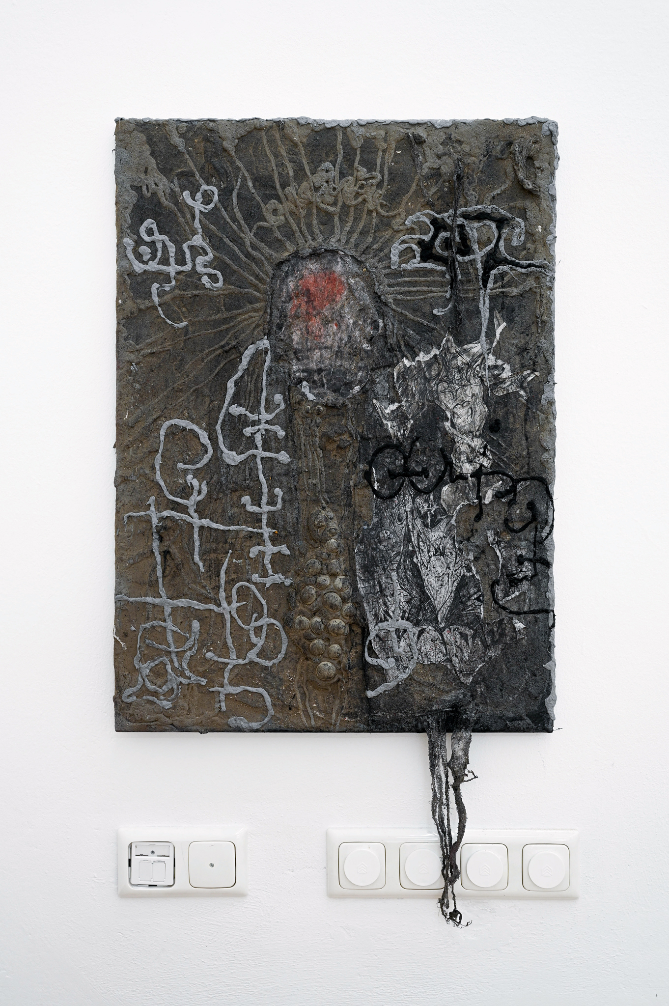 Czaro Malinkiewicz, Behind the Barrack, 2024, 70 x 50 cm silicon, bandage, acrylic, prints, ink, dust