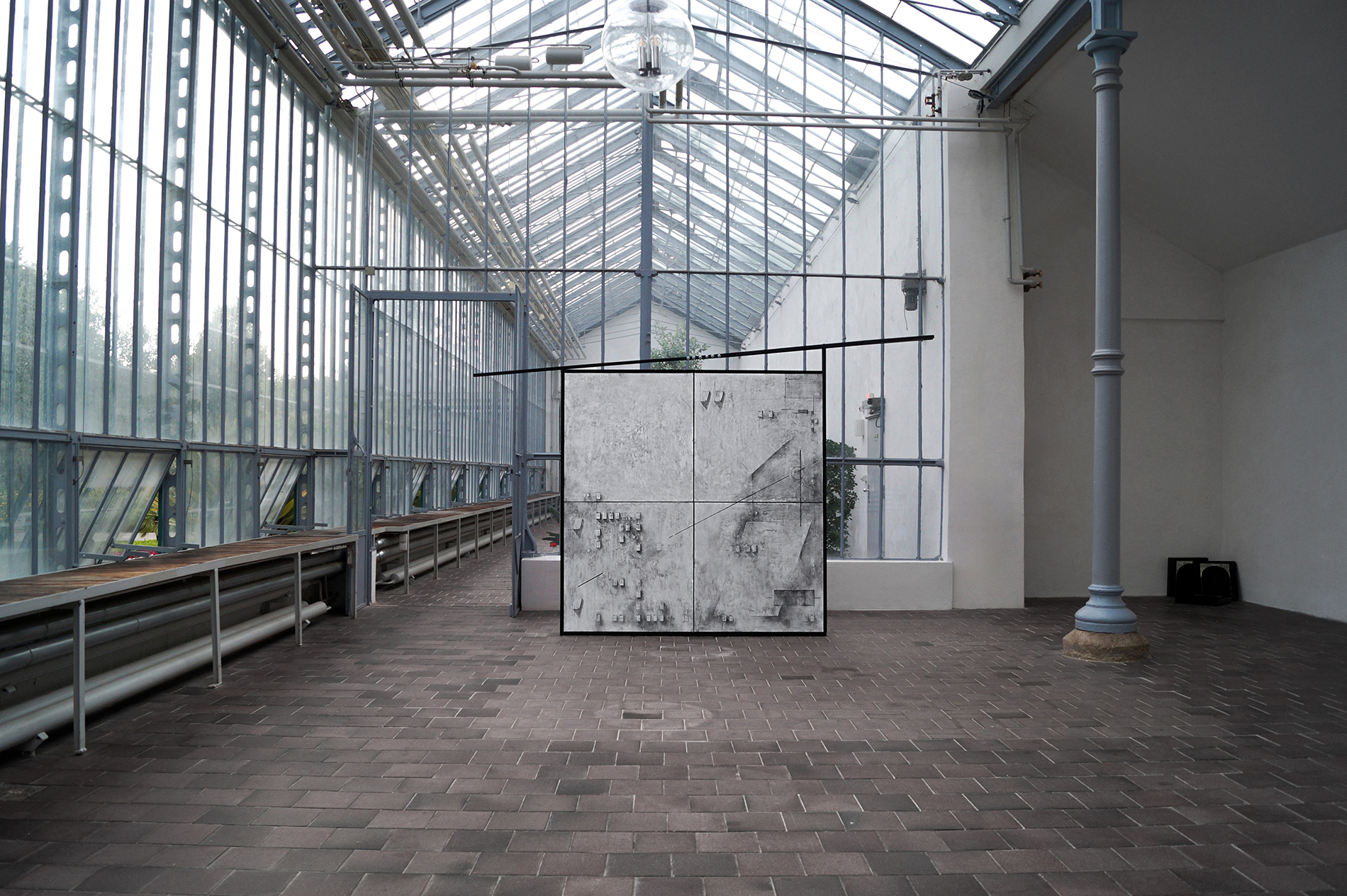 Sofiia Yesakova: Cargo 200. Experimental Projections on Surfaces, 4.1., 2023 Acrylic, gesso, gelatin, pine wood planks and wood board 205 Ă 205 Ă 8 cm