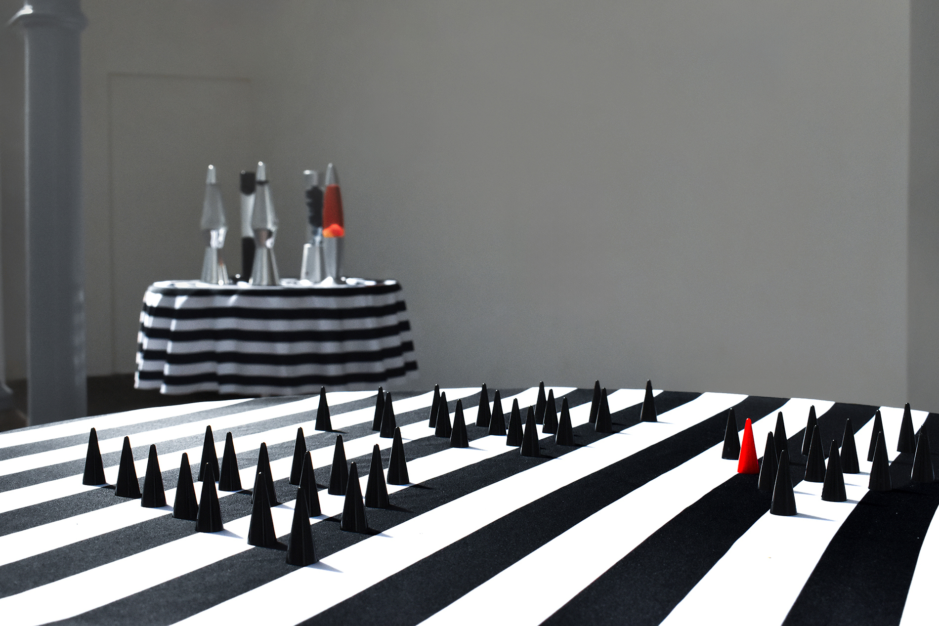 Georg Dahled: White Standing Tables I & II (Detail), 2025 Standing table, tablecloth, lava-lamps Between 112 and 160 cm high, â 70 cm