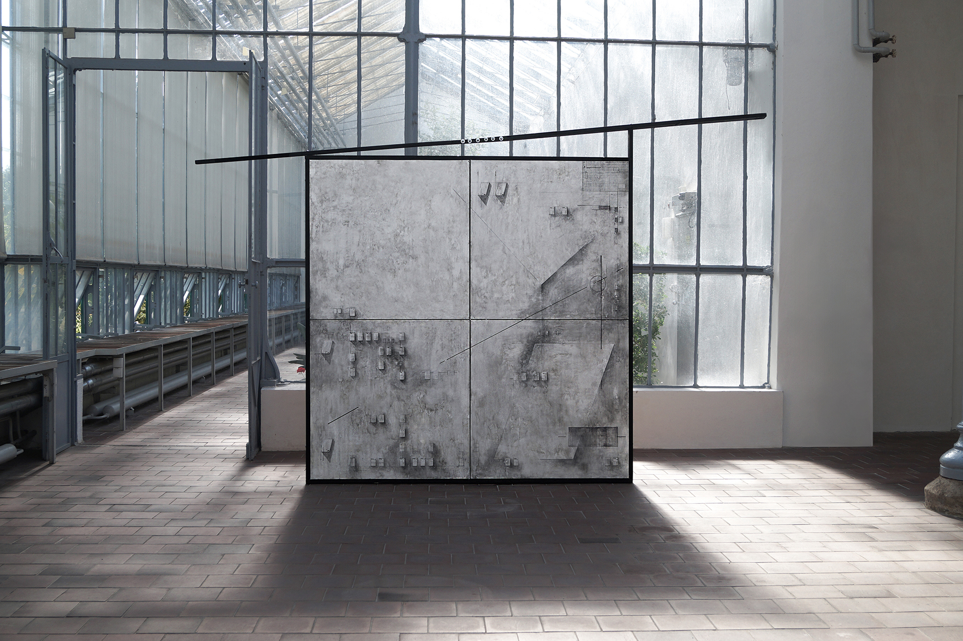 Sofiia Yesakova: Cargo 200. Experimental Projections on Surfaces, 4.1., 2023 Acrylic, gesso, gelatin, pine wood planks and wood board 205 Ă 205 Ă 8 cm