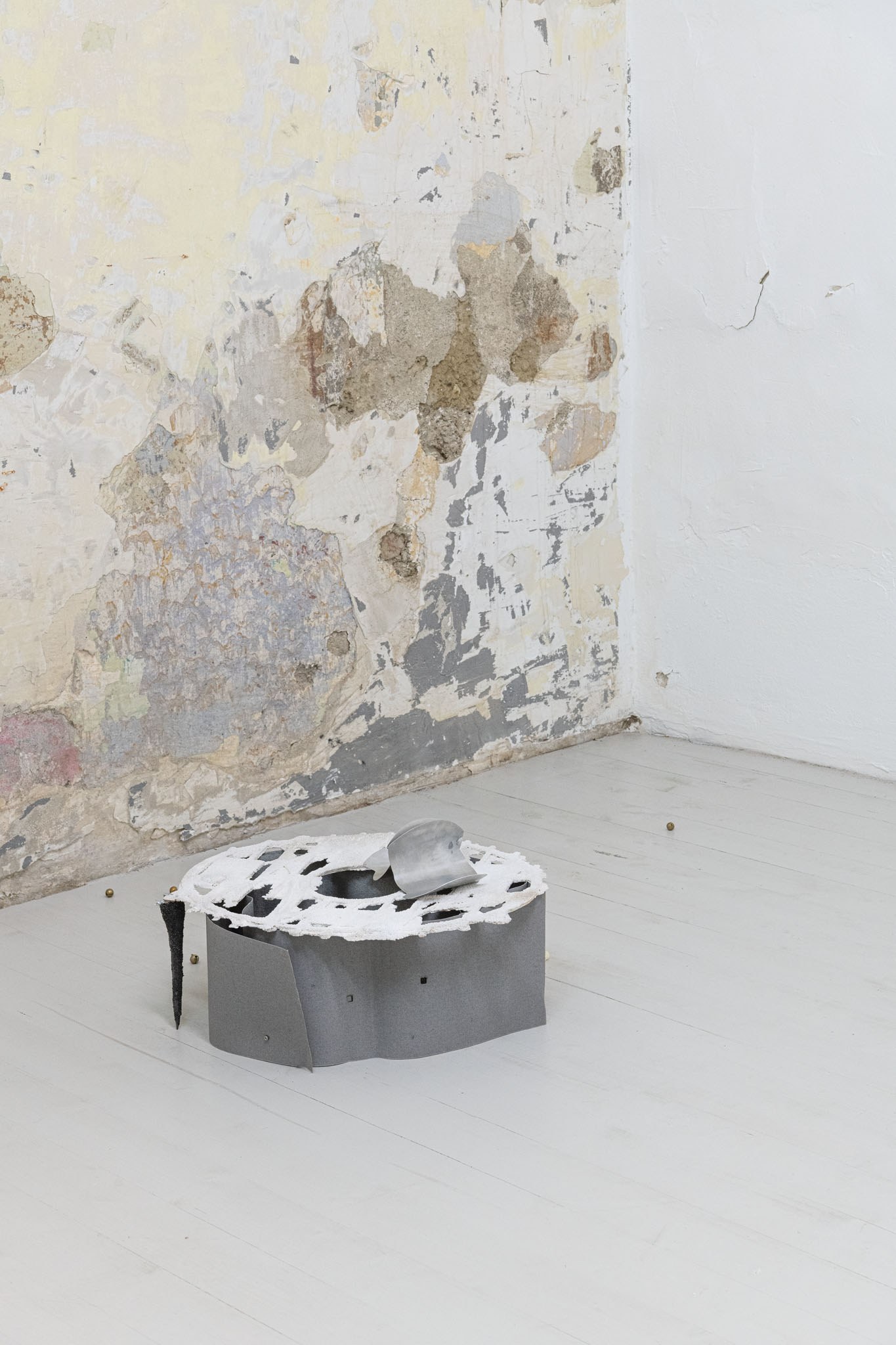 Markus Sworcik, 'Hovering radius, no fix', Aluminium, Chalk, Wax, Fabric, Epoxy sand, PLA, Silicon powder, 48 x 41 x 7.5 cm, 2025