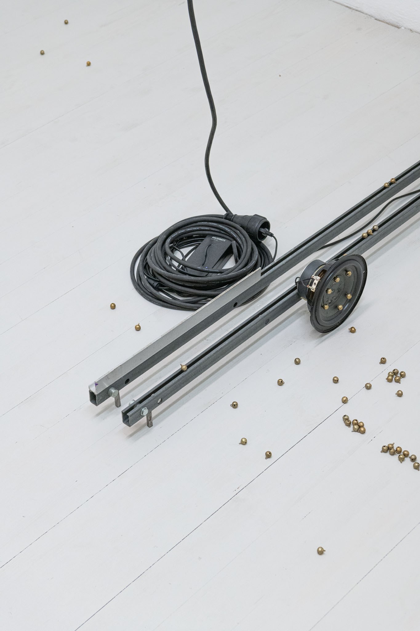 Julian Siffert, 'placeholder (o o o o o)', Steel, Aluminum, MDF, Bells, Loudspeaker, MP3 Player, Amplifier, 151 x 17 x 16 cm, 2023/25