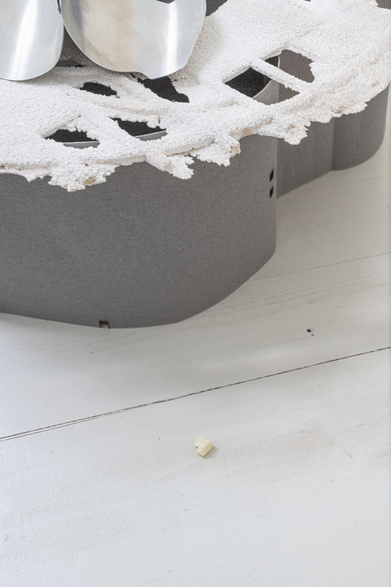 Markus Sworcik, 'Hovering radius, no fix', Aluminium, Chalk, Wax, Fabric, Epoxy sand, PLA, Silicon powder, 48 x 41 x 7.5 cm, 2025