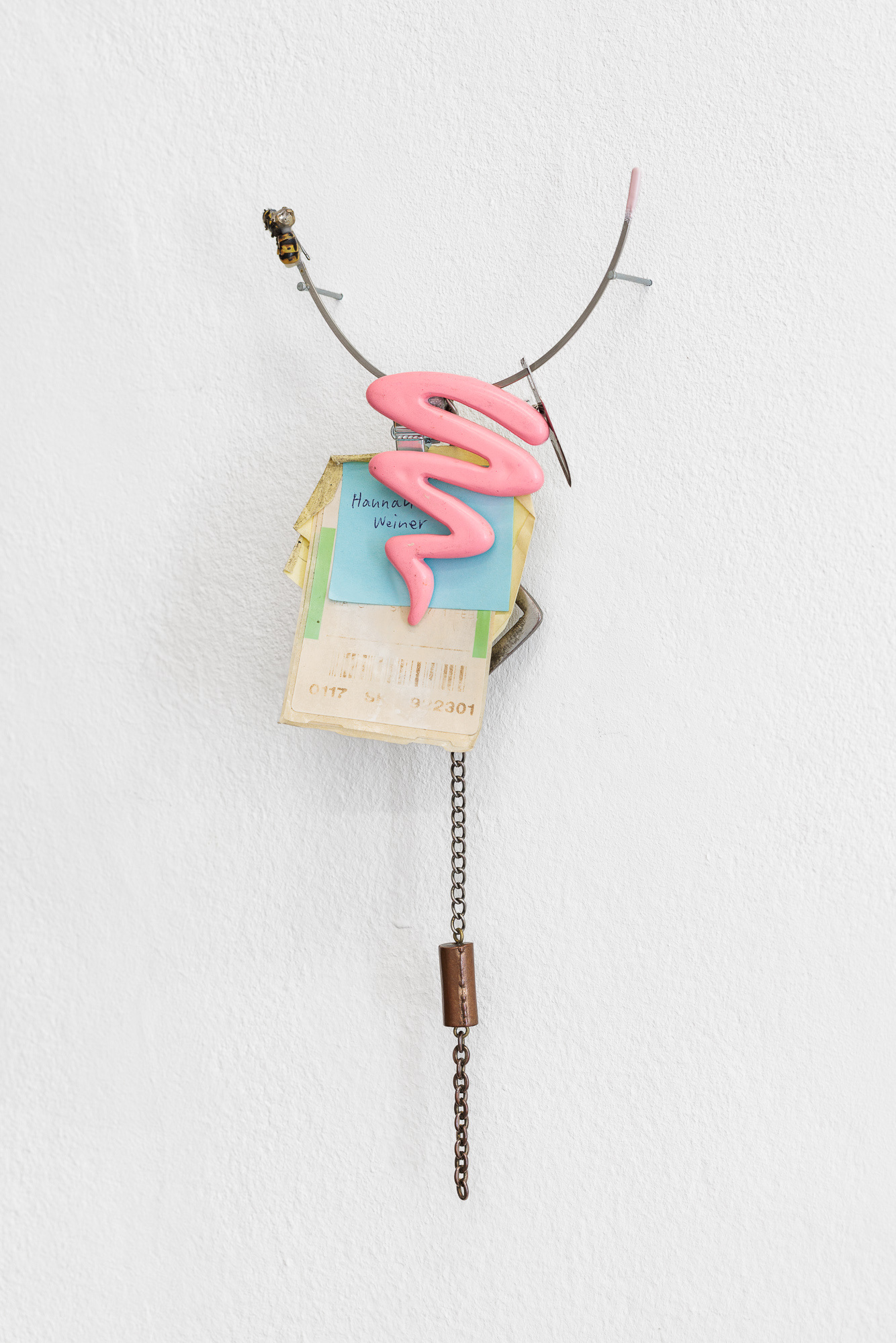Linnéa Sjöberg, Portrait of Unknown Women (Hannah W), 2017, bra underwire, found objects, metal, organic matter, wasp, paper, metal, plastic, glass, 28 × 2.5 × 3 cm