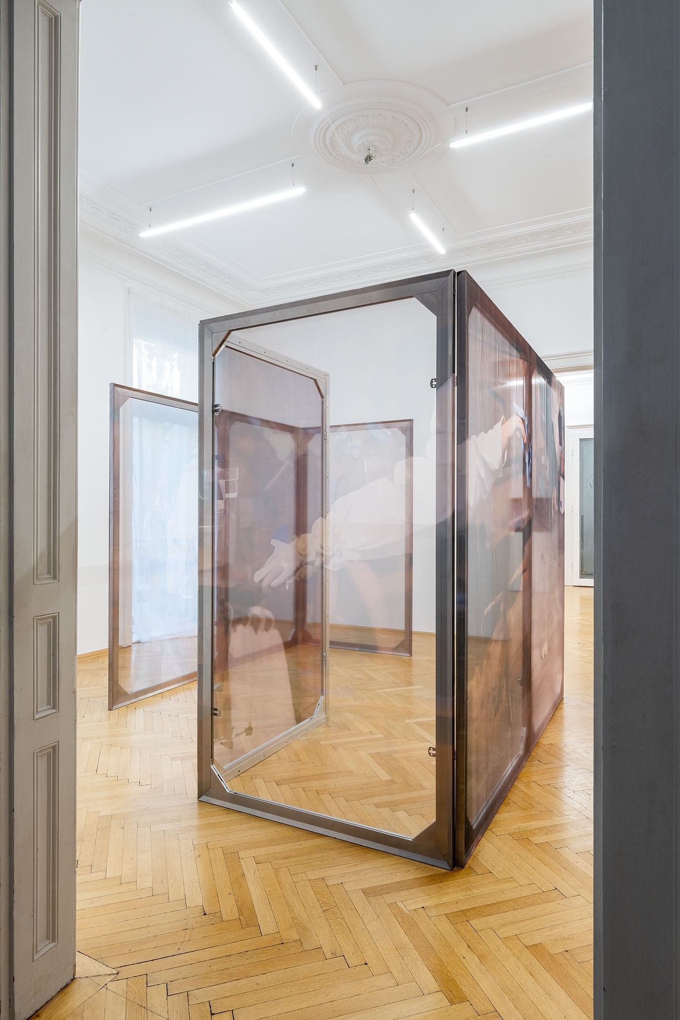 Dorota Gawęda & Eglė Kulbokaitė, Enclosure (Lower Bound of the Landscape) I - VIII, 2023. Aluminium, wood, print on chiffon 8 panels of 200 x 110 x 3.5 cm