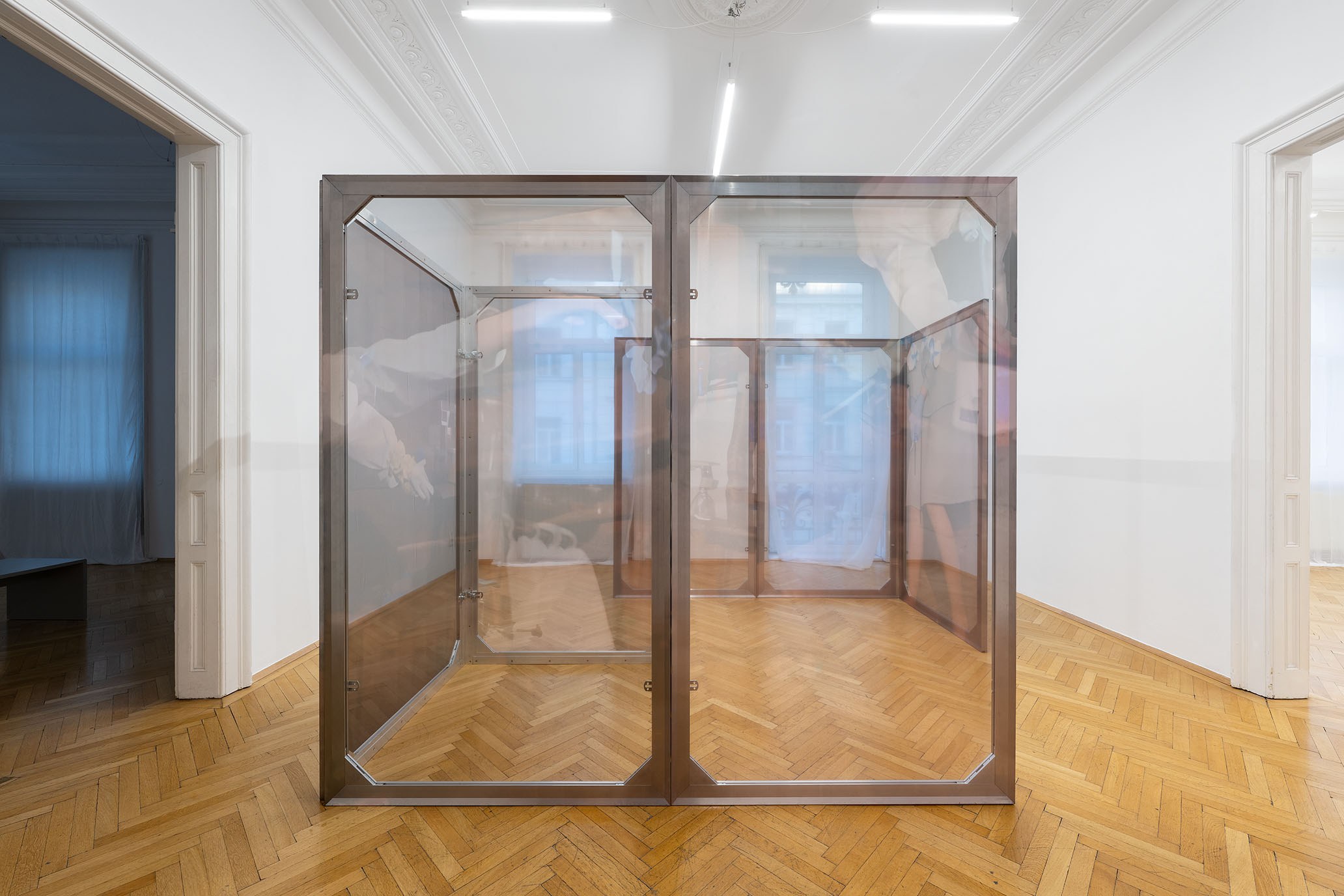Dorota Gawęda & Eglė Kulbokaitė, Enclosure (Lower Bound of the Landscape) I - VIII, 2023. Aluminium, wood, print on chiffon 8 panels of 200 x 110 x 3.5 cm