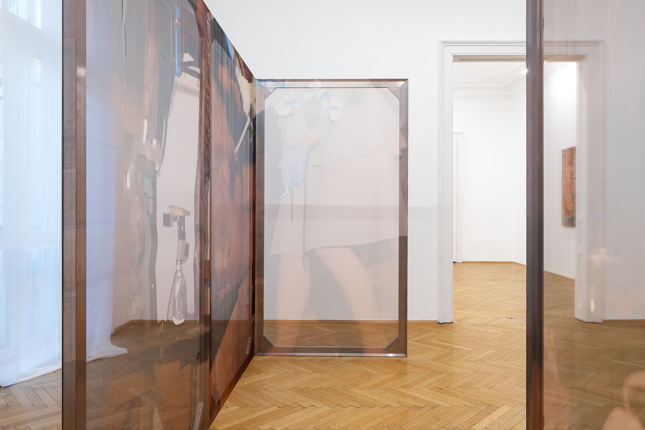 Dorota Gawęda & Eglė Kulbokaitė, Enclosure (Lower Bound of the Landscape) I - VIII, 2023. Aluminium, wood, print on chiffon 8 panels of 200 x 110 x 3.5 cm