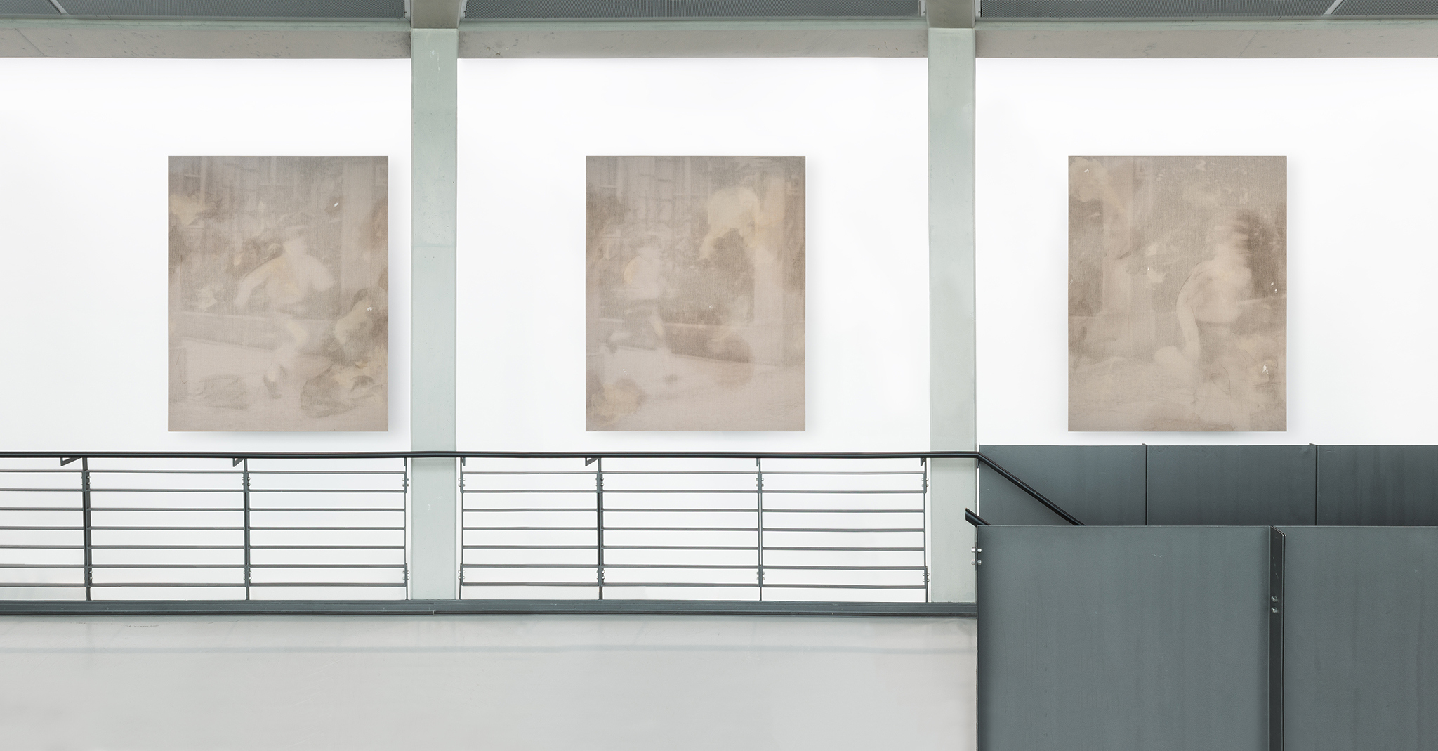 Background Vehicle (Running Scene), 2025. Plotter print on canvas with marker, paint, covered with a layer of raw linen with marker, glue, detergent, oil, wall filler. Suspended 45 cm from the wall with metallic poles. Triptych, 245 x 163 x 3,5 cm each.
