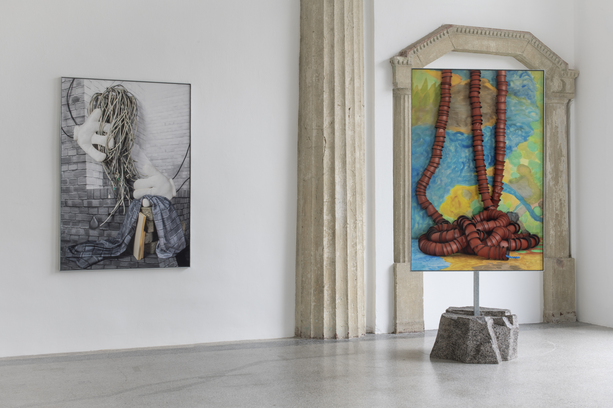 Moses reiĂźt sich zusammen, Magical Rage, 2024, 160 x 106 cm, fine art inkjet print hot-dip galvanized steel frame; Irgendwo vergraben, Magical Rage, 2023, 160 x 106 cm, fine art inkjet print hot-dip galvanized steel frame, steel rod, artificial stone