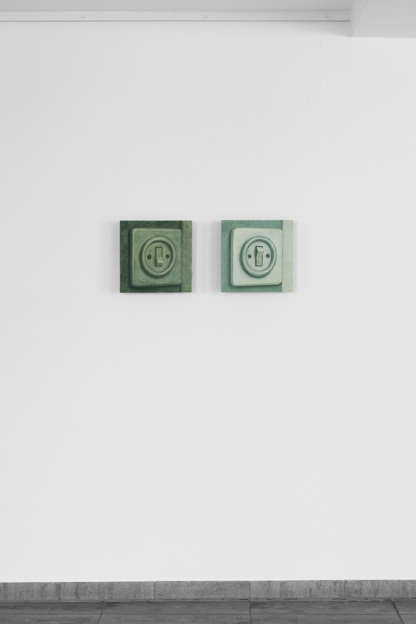 Christopher Friess, Light switch, 2025, Fresco on wood wool, 2 parts each 30 × 30 cm