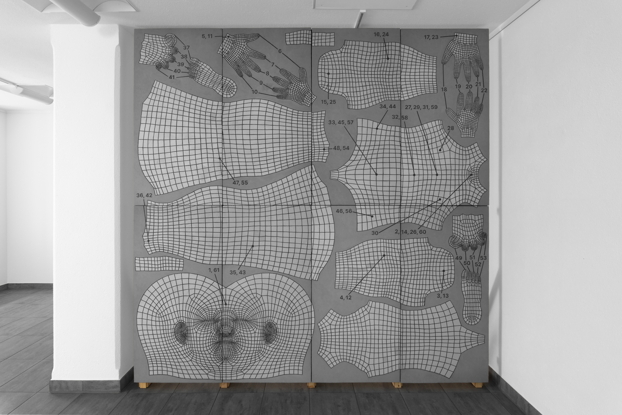 Christopher Friess, 61-point relaxation exercise, 2025, Sgraffito on wood wool, 240 × 240 cm