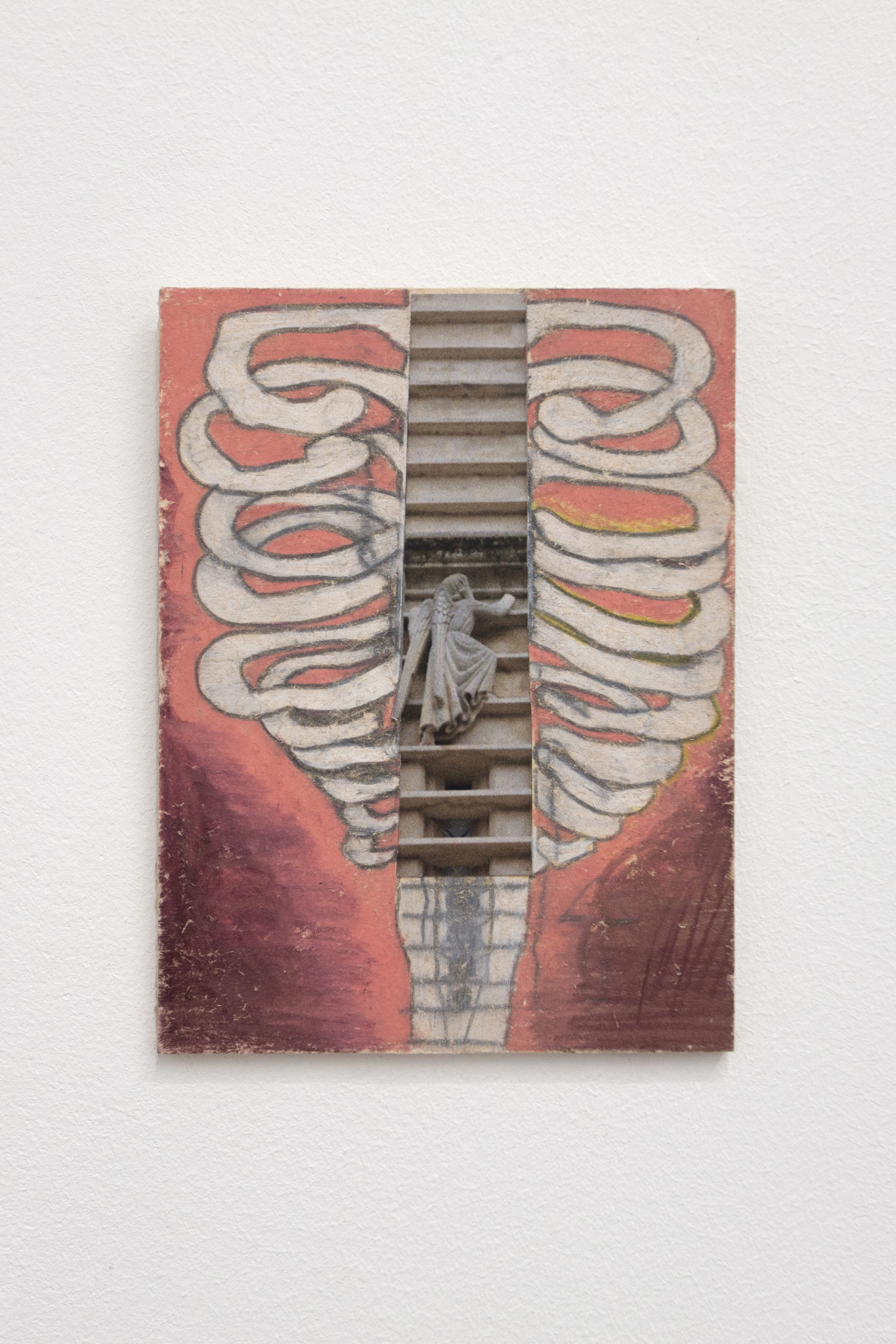 Anaïs Fontanges, Ascension, 2025, collage, colored pencil, and pencil on wood board, 12 × 9 cm. Courtesy of the artist and Pony, Montreuil.