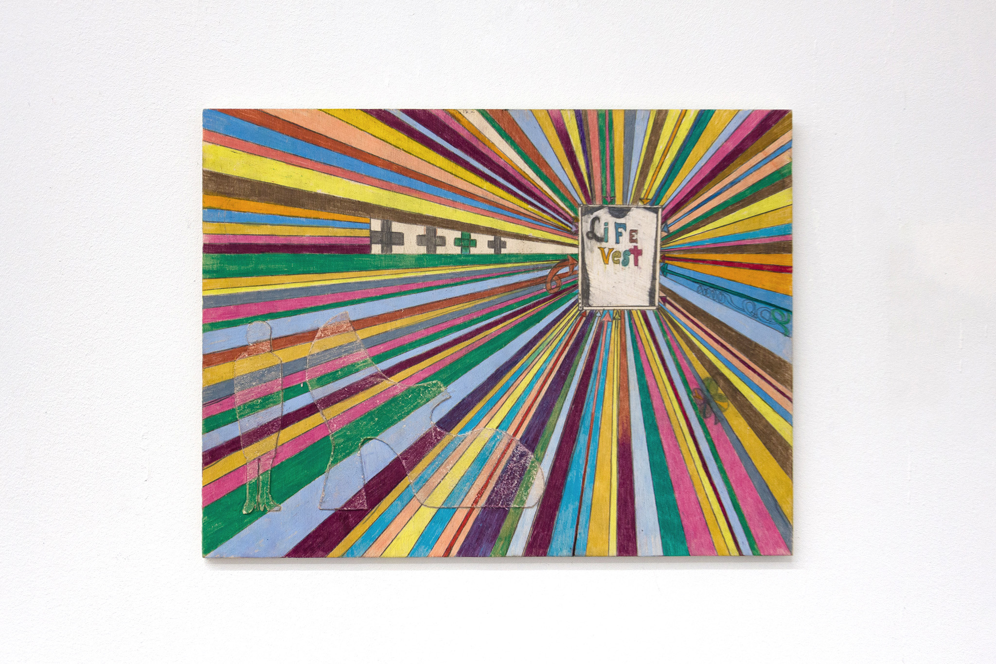 Anaïs Fontanges, Life Vest, 2025, cardboard, collage, colored pencil and pencil, on wood, 22,5 × 30 cm. Courtesy of the artist and Pony, Montreuil.