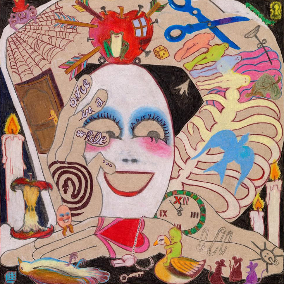 Anaïs Fontanges, Daisy Ray, 2025, colored pencil, pencil, and pen on packaging cardboard, 24,8 × 24,8 cm. Courtesy of the artist and Pony, Montreuil.