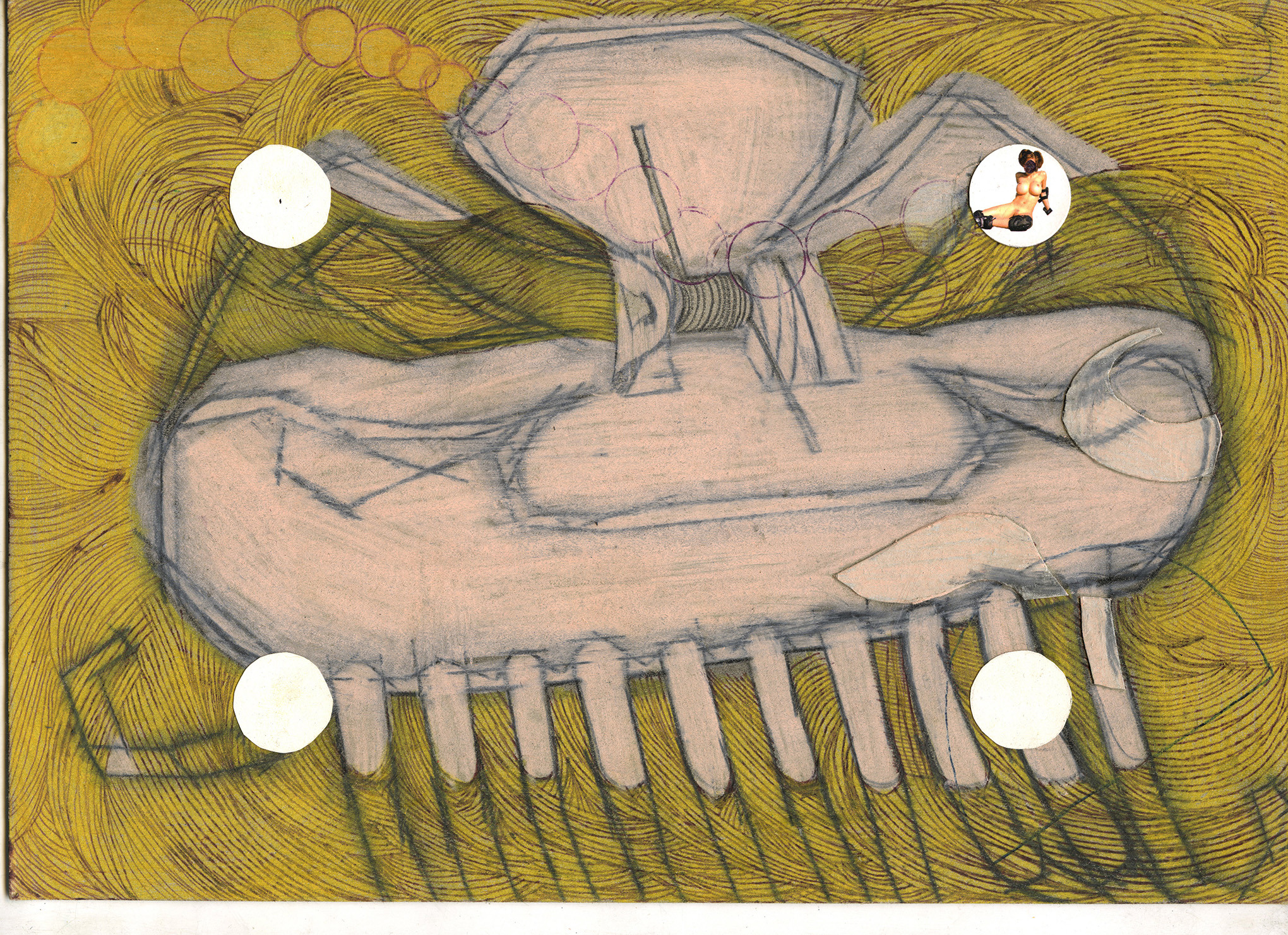 Anaïs Fontanges, Sans titre, 2024, stylo, colored pencil and pencil on cardboard, paper, recycled image, 21 × 29,5 cm. Courtesy of the artist and Pony, Montreuil.