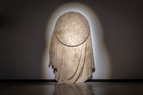 Karina Marusinska 22 Peelings 22 2025 installation fabric dyed with natural pigments from potatoes hand painted with paint made from natural pigments and acacia resin 235 x 225 cm wooden hoop diameter 100 cm