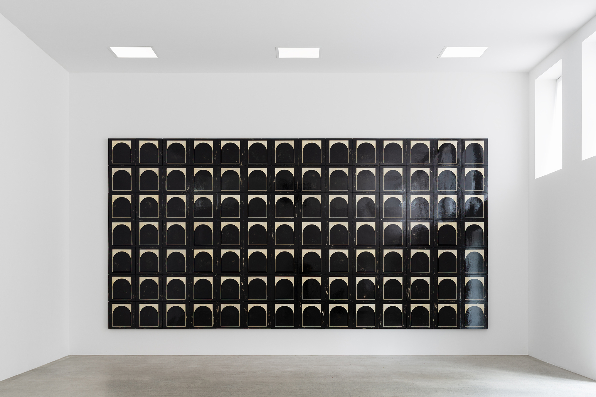 Sofiia Yesakova, Blind Spot 2.1.-2.100., each 40 Ă 40 Ă 5, total 280 Ă 560 Ă 5 cm, Acrylic, gesso, gelatine, varnish on wooden board, 2025