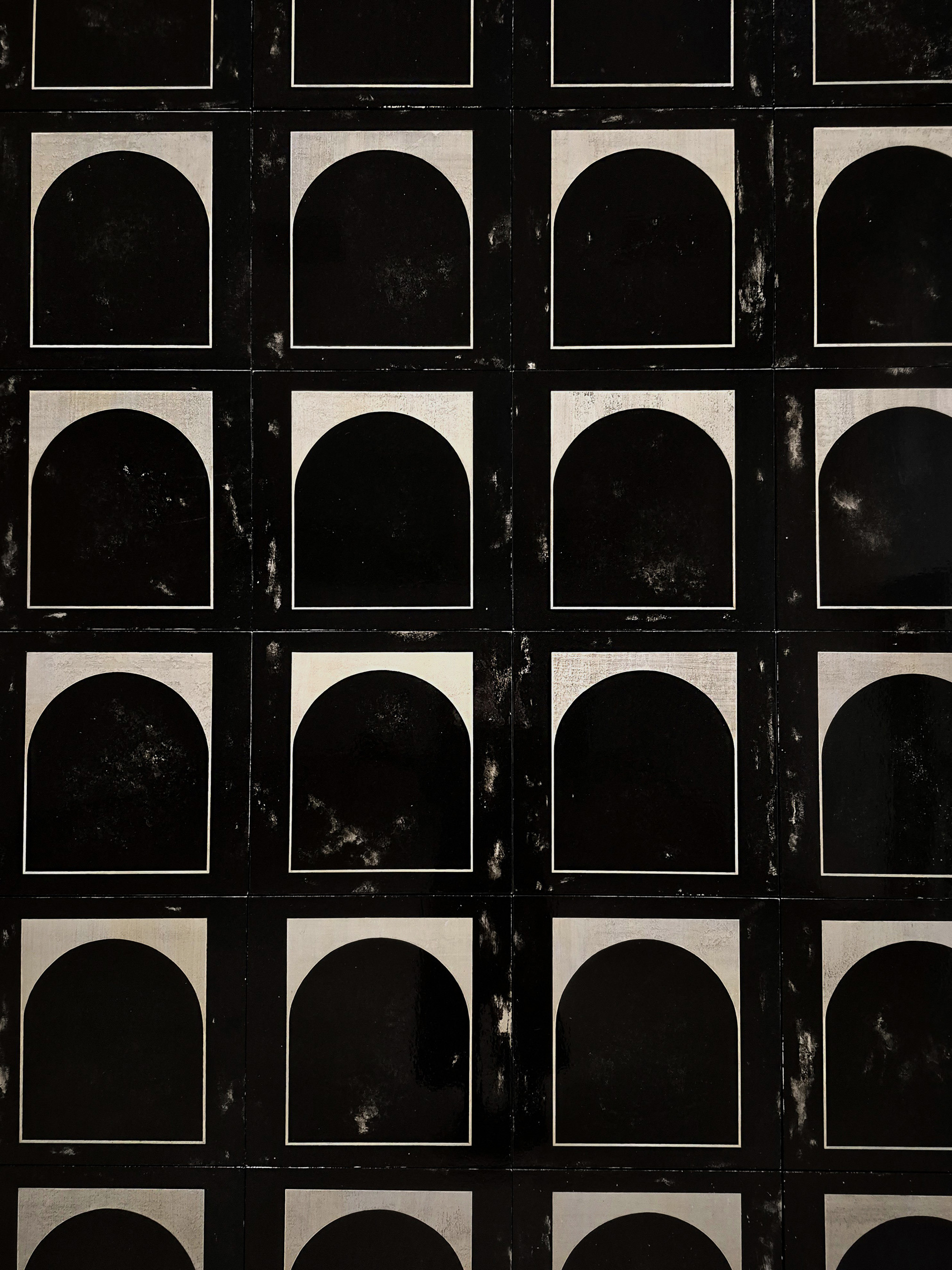 Sofiia Yesakova, Blind Spot 2.1.-2.100., each 40 × 40 × 5, total 280 × 560 × 5 cm, Acrylic, gesso, gelatine, varnish on wooden board, 2025