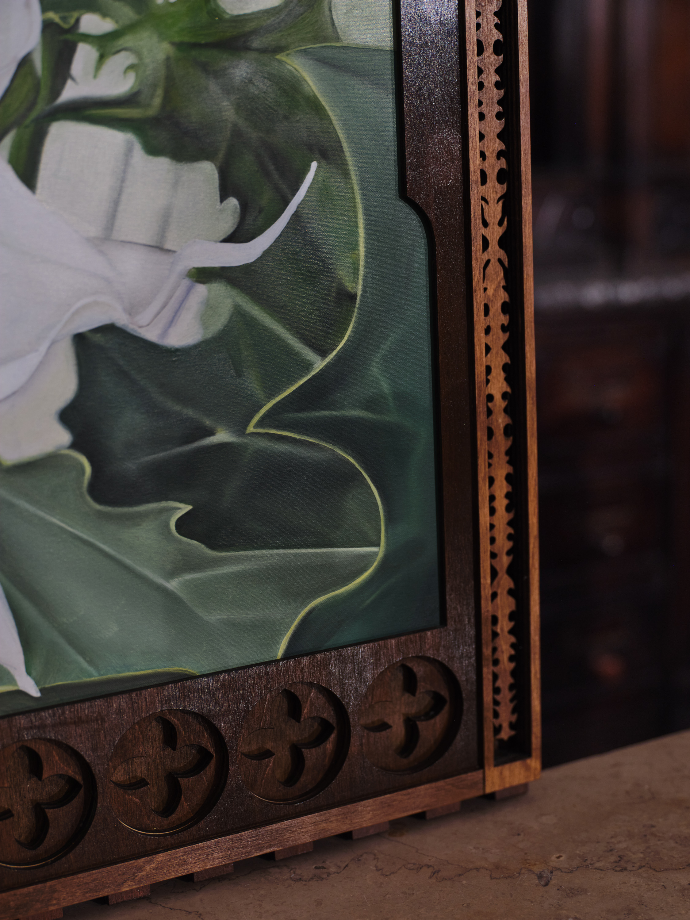 Justyna Baśnik, Datura, 2025, 66x60cm, oil on canvas, wood (detail)