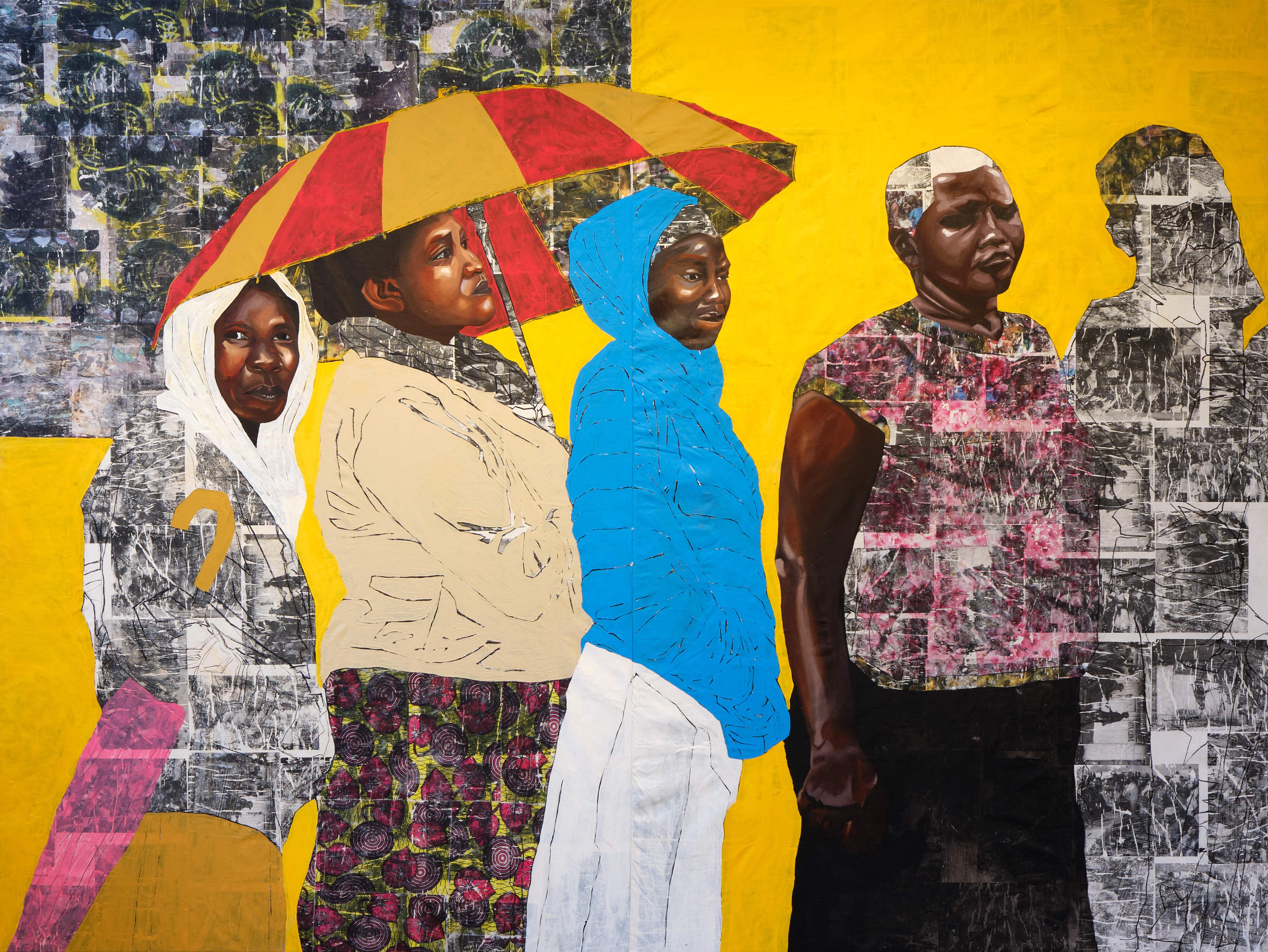 Nicholas Odhiambo Mboya, In Trail Pursuit III, 2025, Image transfer, oil and acrylic on canvas, 4 x 3 m, Courtesy the artist; Photo: Antje Sauer