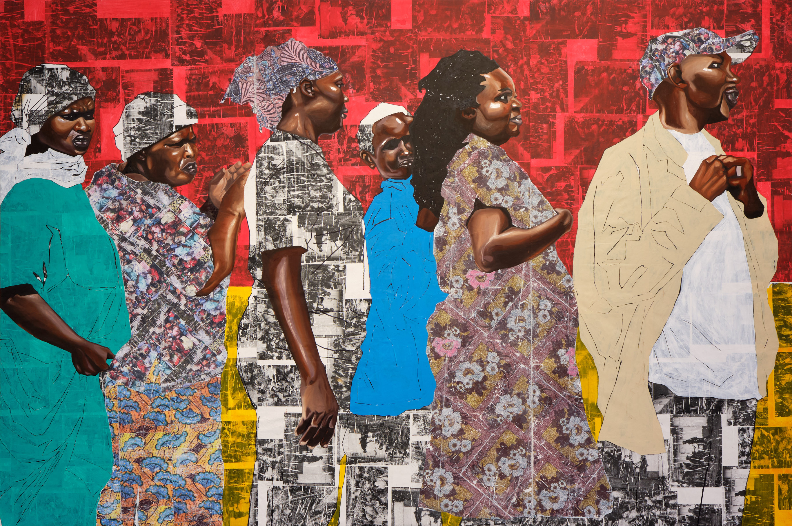 Nicholas Odhiambo Mboya, In Trail Pursuit IV, 2025, Image transfer, oil and acrylic on canvas, 4,5 x 3 m, Courtesy the artist; Photo: Antje Sauer
