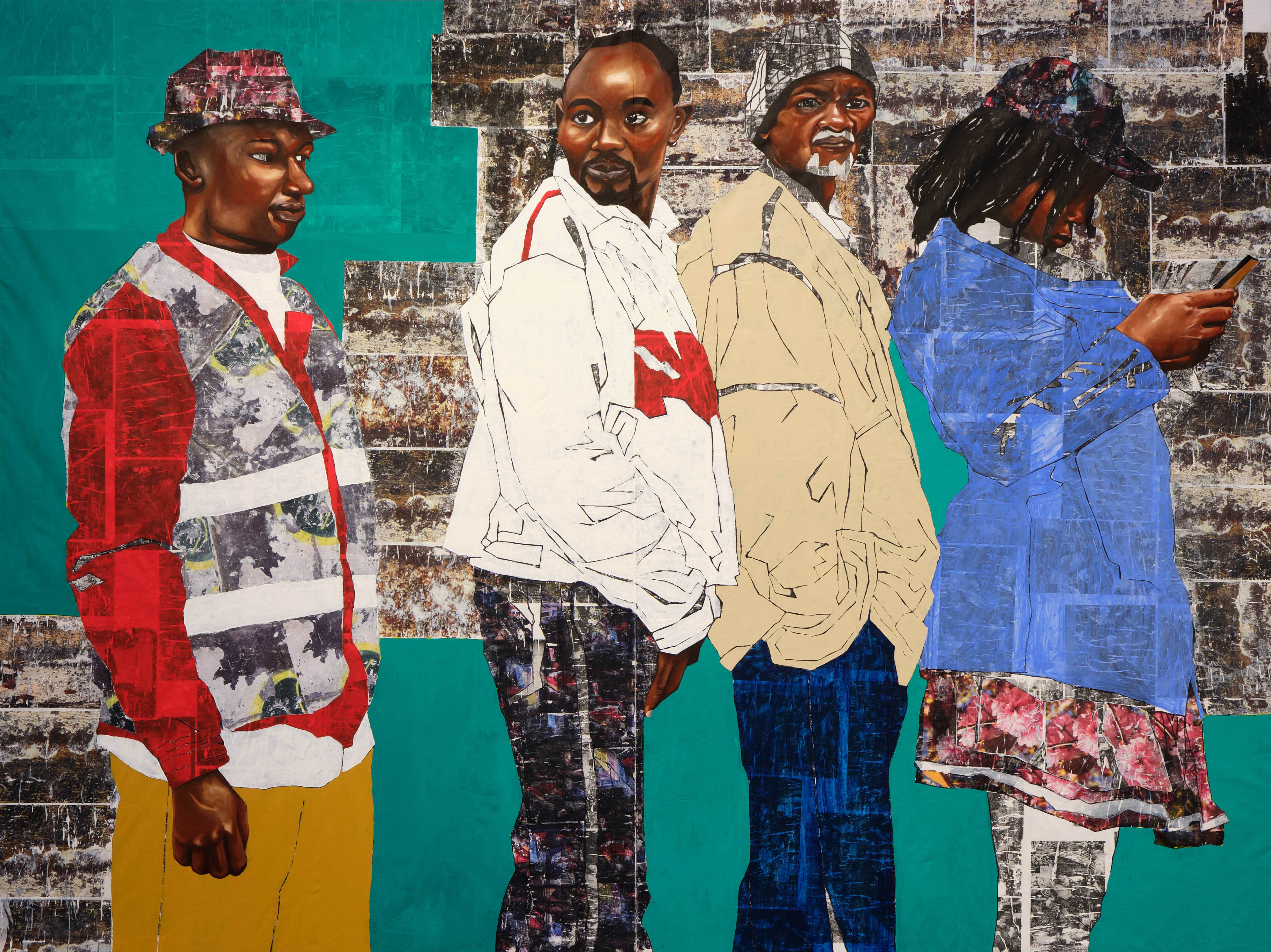 Nicholas Odhiambo Mboya, In Trail Pursuit I, 2025, Image transfer, oil and acrylic on canvas, 4 x 3 m, Courtesy the artist; Photo: Antje Sauer