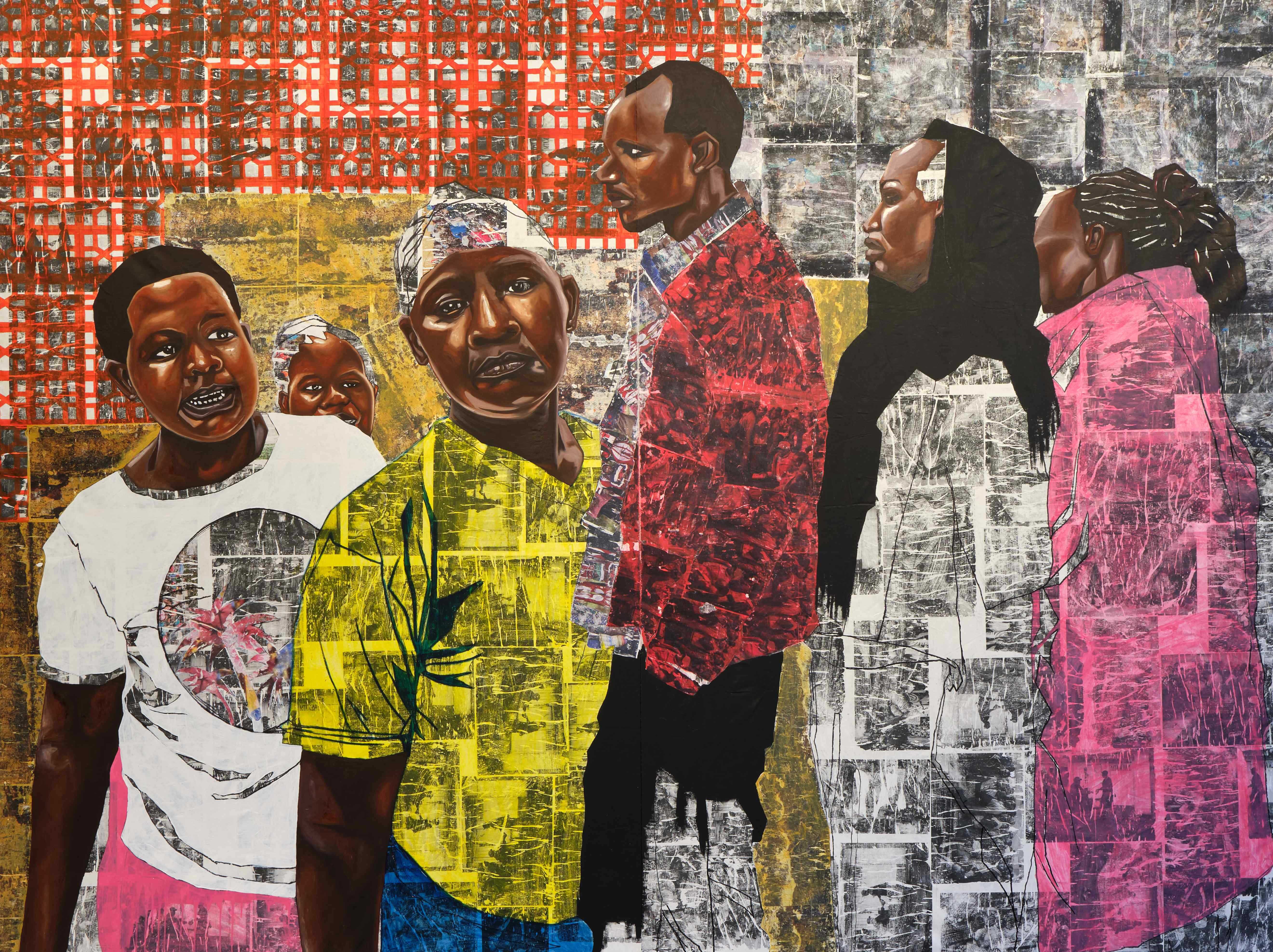 Nicholas Odhiambo Mboya, In Trail Pursuit II, 2025, Image transfer, oil and acrylic on canvas, 4 x 3 m, Courtesy the artist; Photo: Antje Sauer