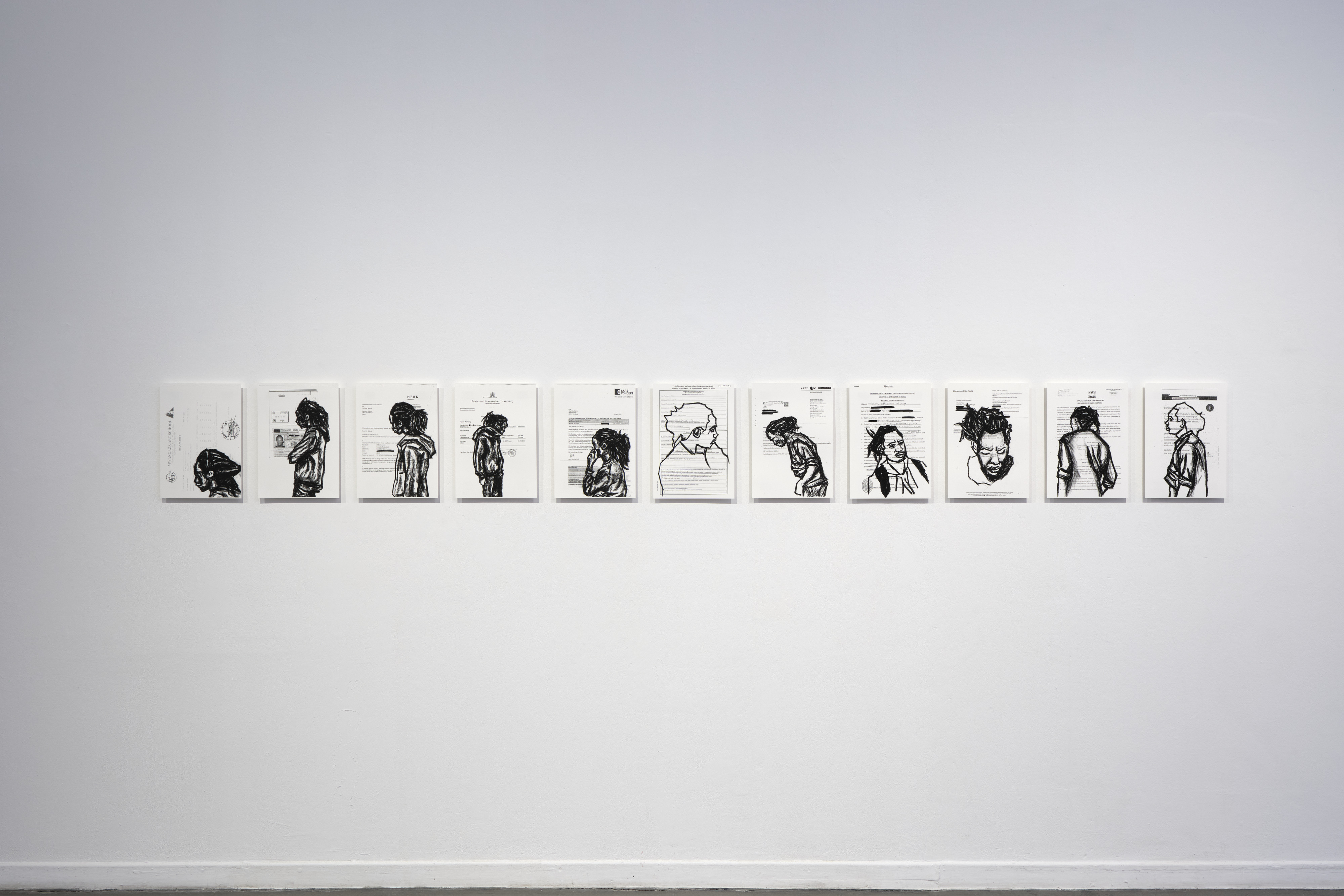 Installation view: Nicholas Odhiambo Mboya, Rite of Passage, 2020, charcoal drawings on found documents (reproduced as digital prints), 30 x 42 cm, Courtesy the artist; Photo: Antje Sauer