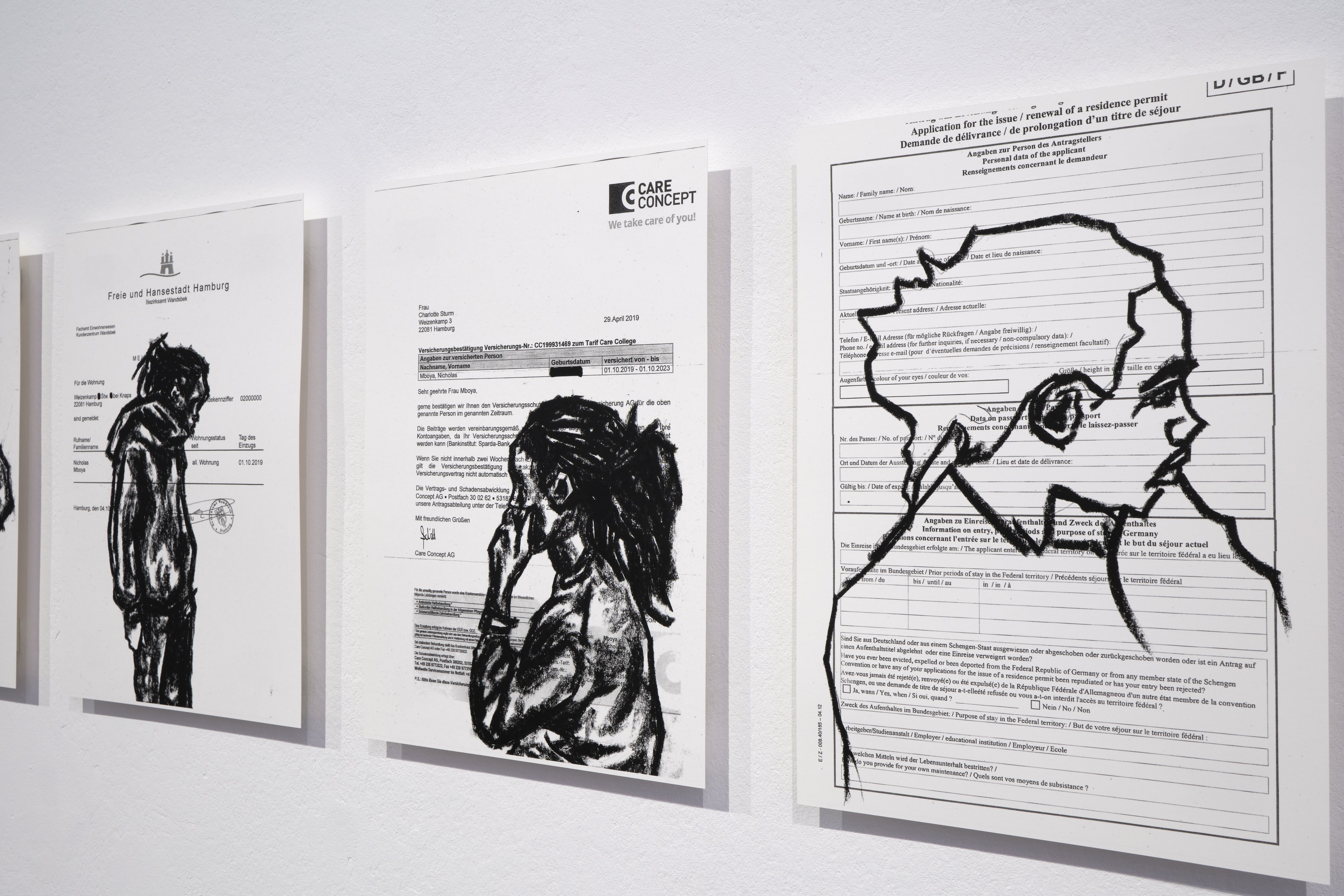 Installation view: Nicholas Odhiambo Mboya, Rite of Passage, 2020, charcoal drawings on found documents (reproduced as digital prints), 30 x 42 cm, Courtesy the artist; Photo: Antje Sauer