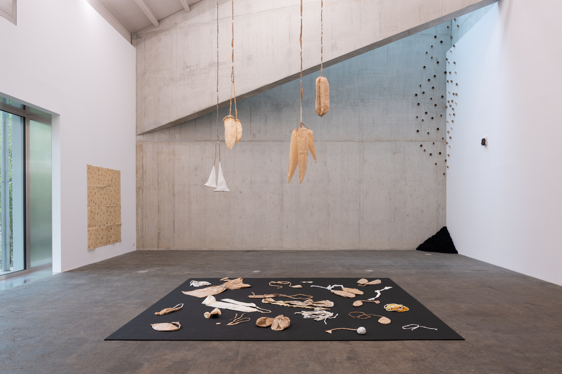 Eva Lootz, Pañ̃o quemado, 1979. Habitación de Manila, 1993. Orejas de pelo, 1976 / 2024, Esquina de lana, 2024/2025. Courtesy the artist.  Installation view Kunsthaus Baselland 2025. Foto / Photo: Finn Curry