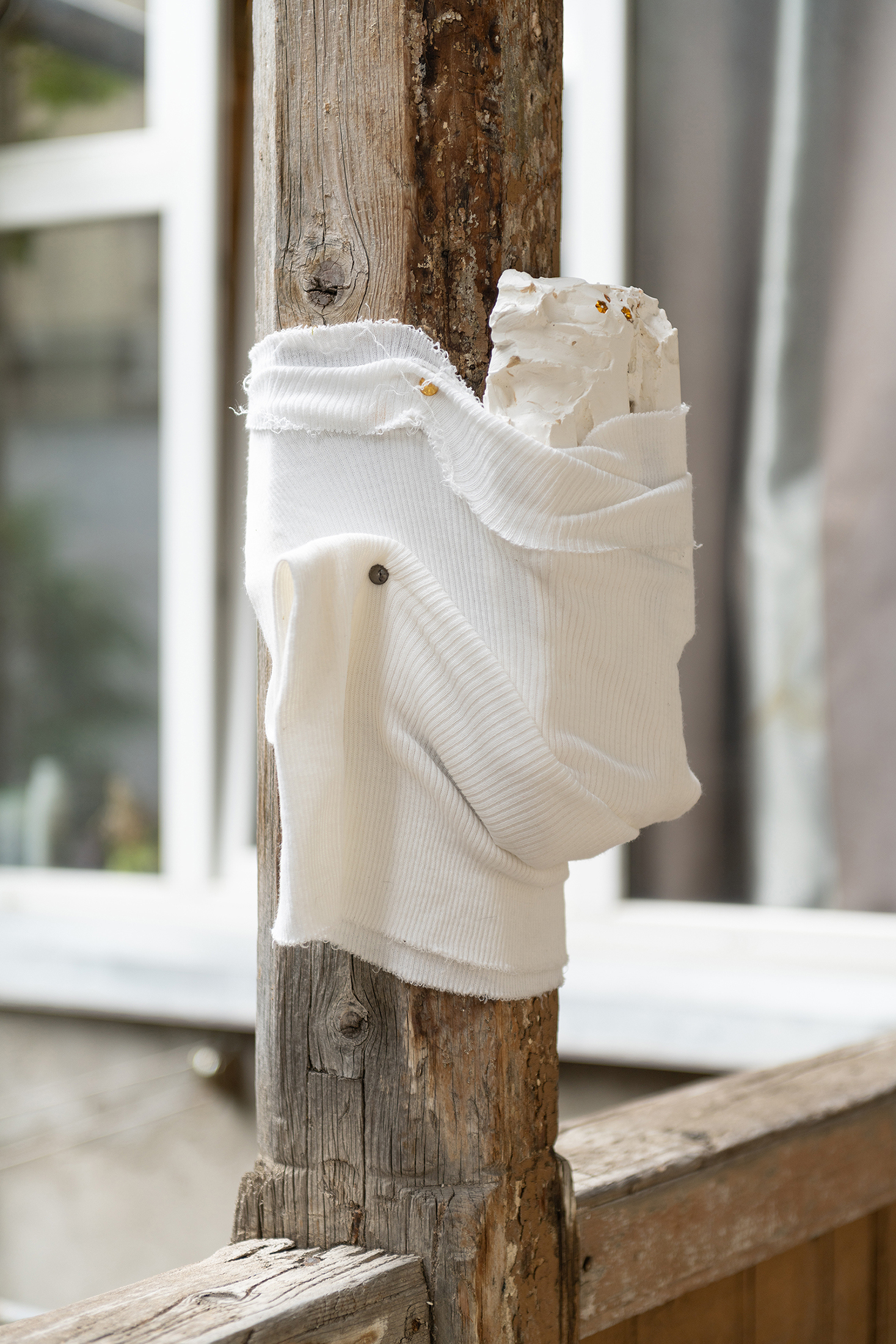 Ana Gzirishvili, Untitled, 2025, Marble Resin, Fabric, Sequin Beads, Upholstery, Nails, Wood Fragments, 35x22 cm